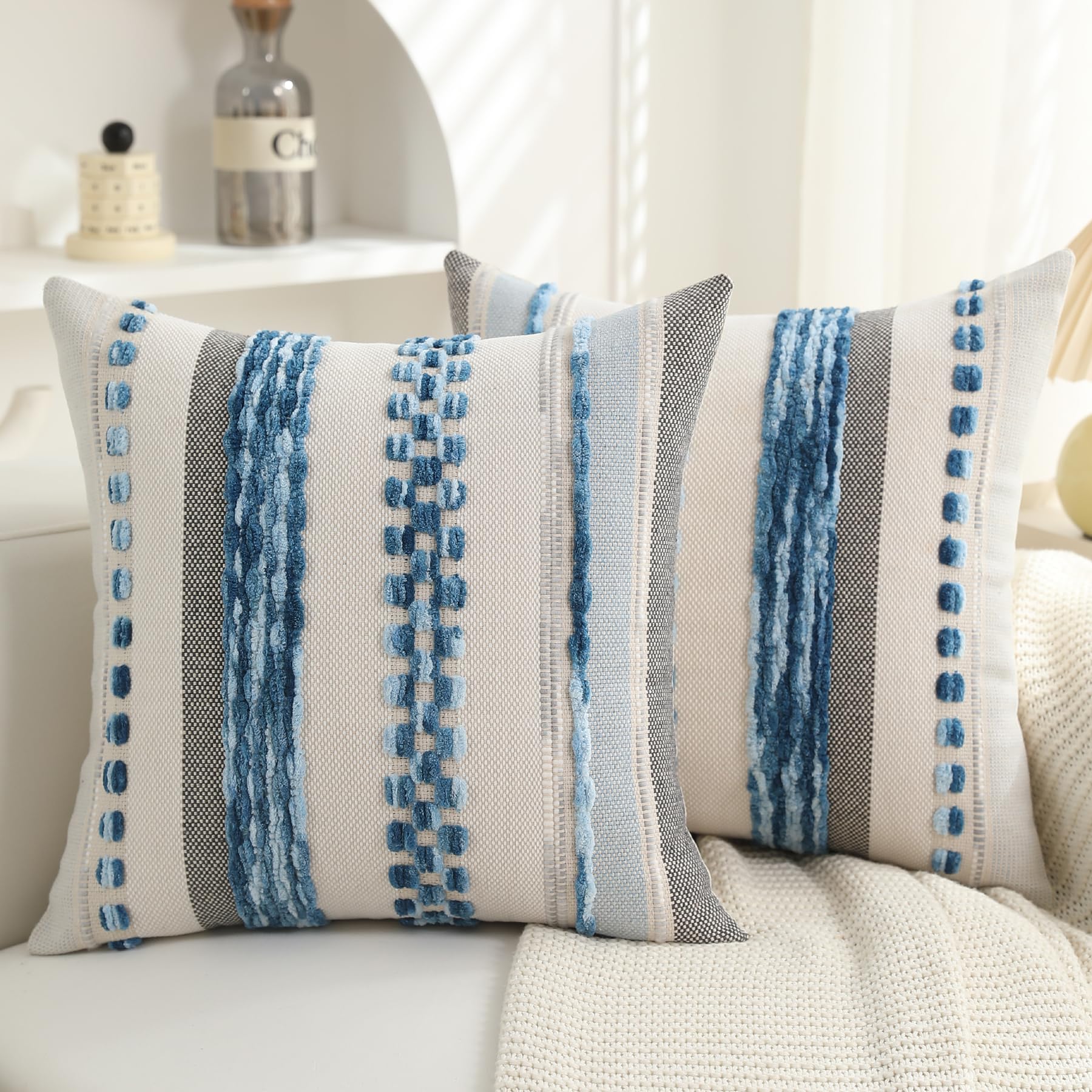 Boho Throw Pillow Covers - Blue Textured, 18x18", Pair