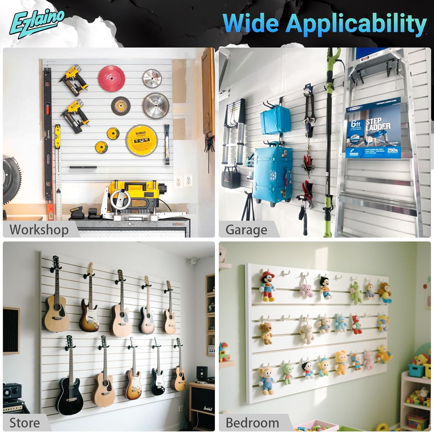 Ezlaino Slat Wall 4 FT x 8 FT, PVC Slat Wall Paneling, Upgraded & Thickened for Long-Lasting Durability, Easy to Install, Compatible with Most Hooks, Ideal for Garage Storage & Decoration, White