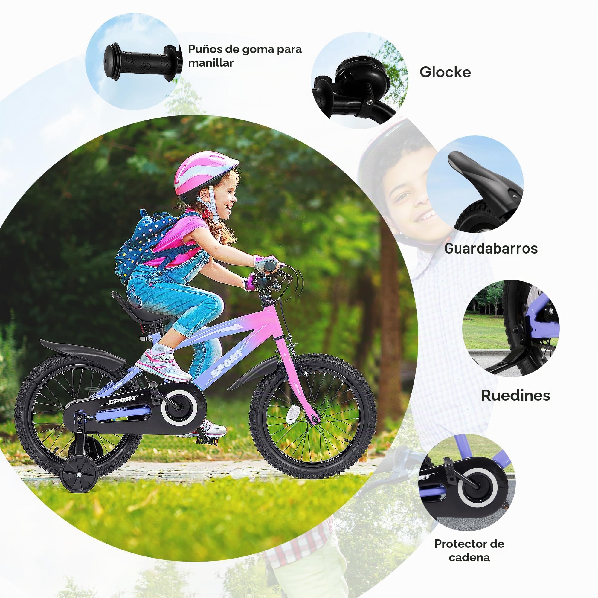 BODIOO Bicicleta infantil de 14 pulgadas, bicicleta para niños y niñas con ruedas estabilizadoras, marco estable, asiento ajustable, freno de contrapedal y freno de mano, adecuado para ciclistas de 94