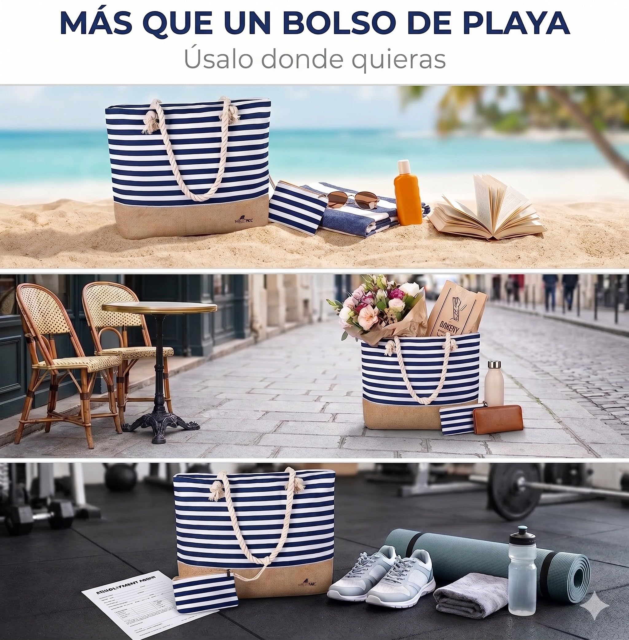 AlfaHome - Bolso playa mujer grande con cremallera – Bolsa playa impermeable con neceser adicional, bolso verano mujer resistente y elegante para playa, piscina o uso diario (50x35x15 cm, 22L)