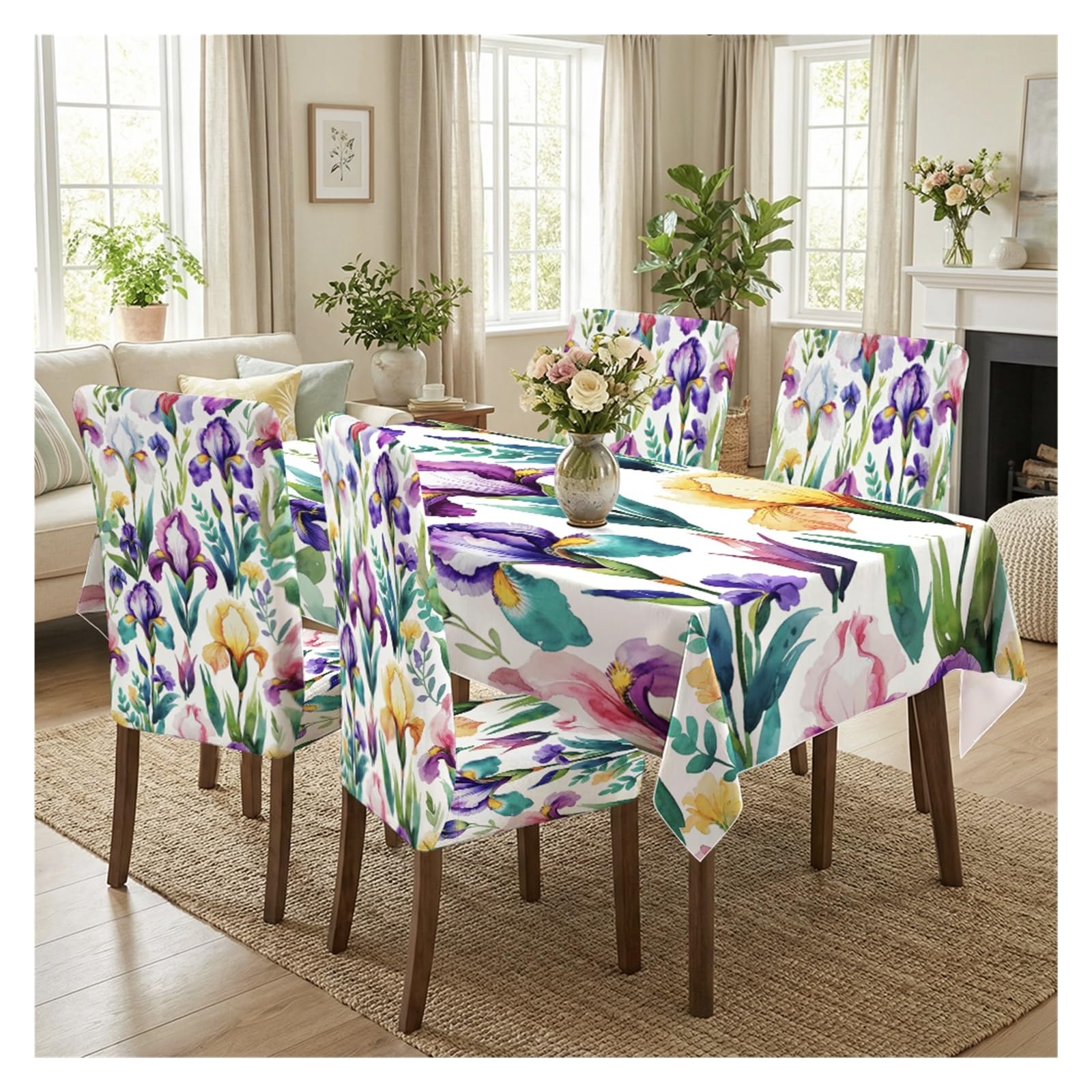 KXUAUV Watercolor Iris Print Tablecloth & Chair Covers Set, Slipcovers For Dining Room, Kitchen, Garden & Cottage Decor, 5/7 Pack Party Decor(5pcs Set: Tablecloth+Chair Covers)