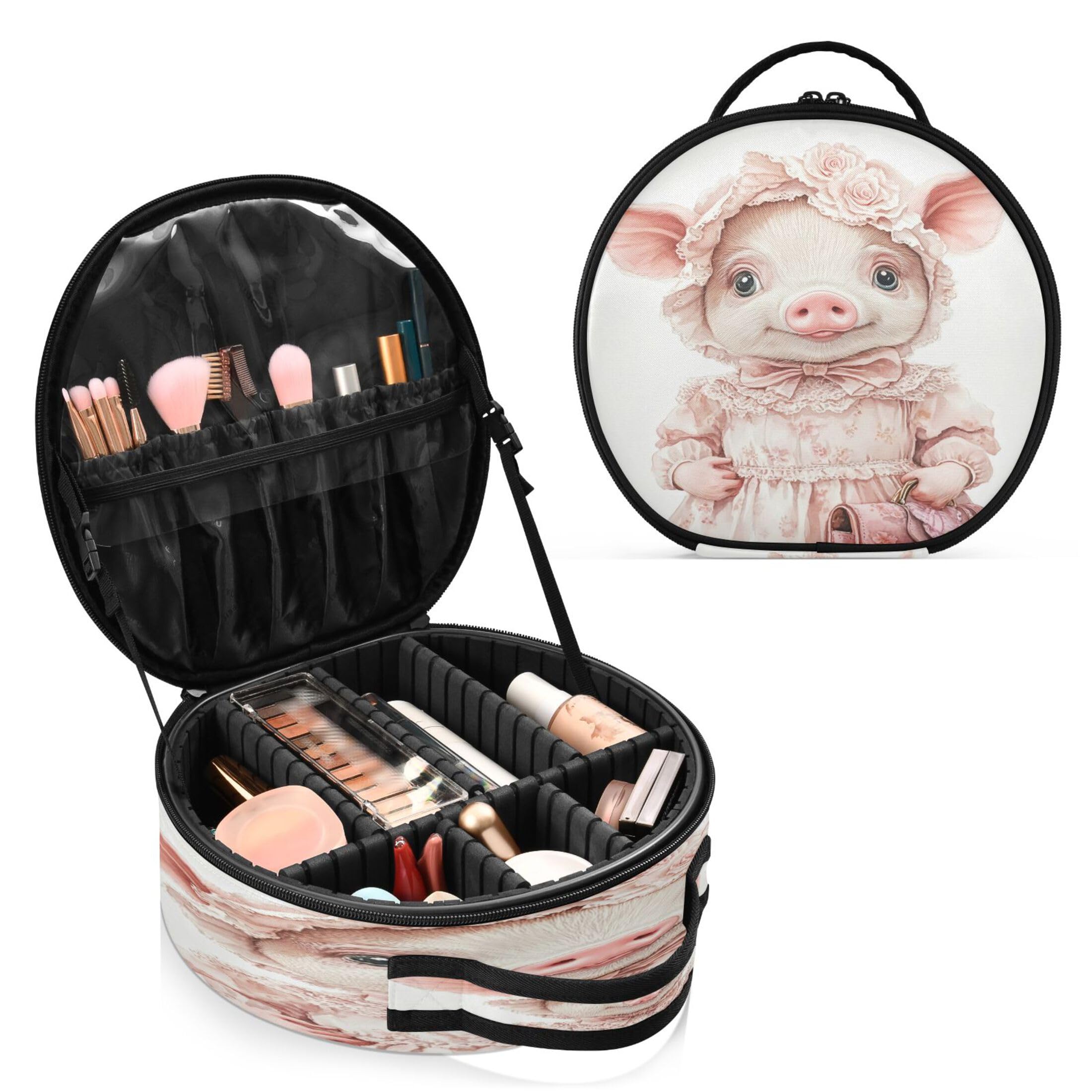 Takiito Cute Pig Travel Makeup Case Portable Makeup Box Artist Cosmetic Case Organizer With Adjustable Dividers