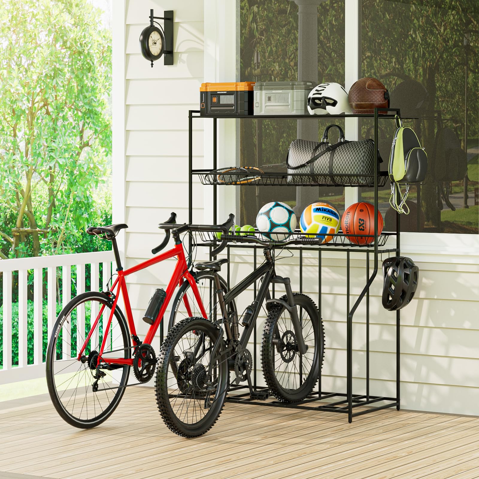 4 Bike Stand, Bike Rack Garage with 3-Tier Storage Rack, Bicycle Stand for Garage Organizer, Indoor Sporting Gear Storage Station for Mountain/Road/Hybrid & Fat Tire Bike, Patent Pending