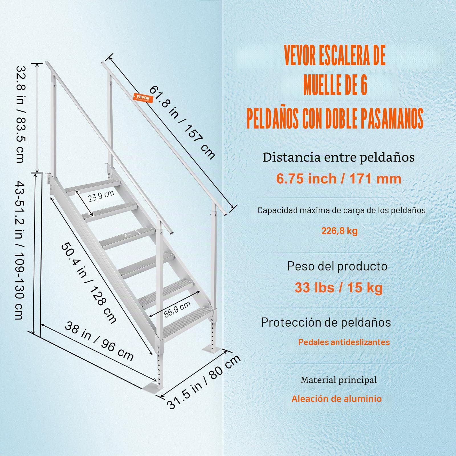 VEVOR Escalera de Muelle Altura Ajustable 109-130 cm Pontón Escalera para Barco 6 Escalones Aleación de Aluminio Carga 226 kg con Pasamanos Pedales Antideslizantes para Embarque en Barco, Piscina