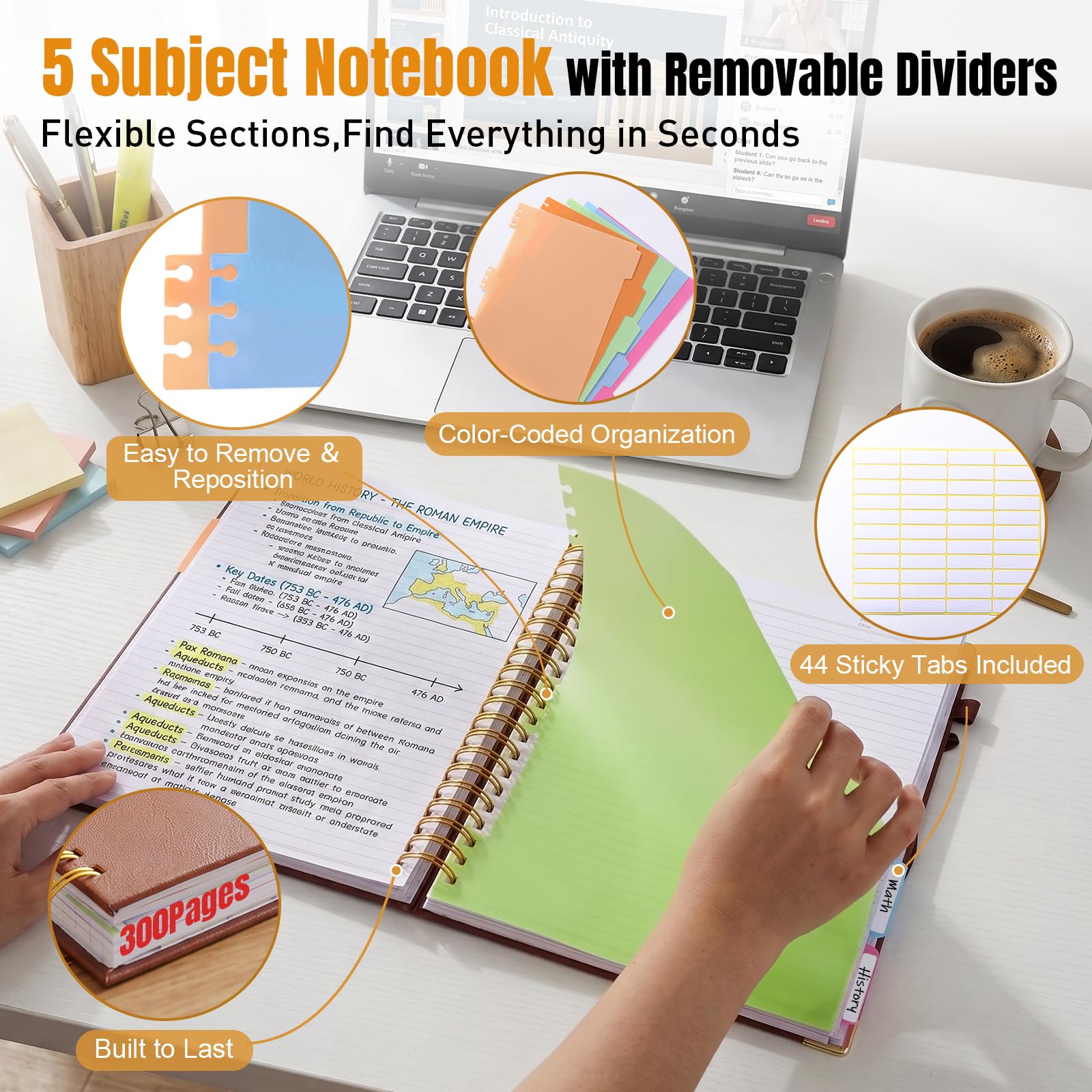 Cuaderno de 5 asignaturas con separadores extraíbles, cuaderno en espiral de 8.5 x 11 pulgadas, rayas universitarias, 300 páginas, diario de cuero de tapa dura para mujeres y hombres, cuadernos de