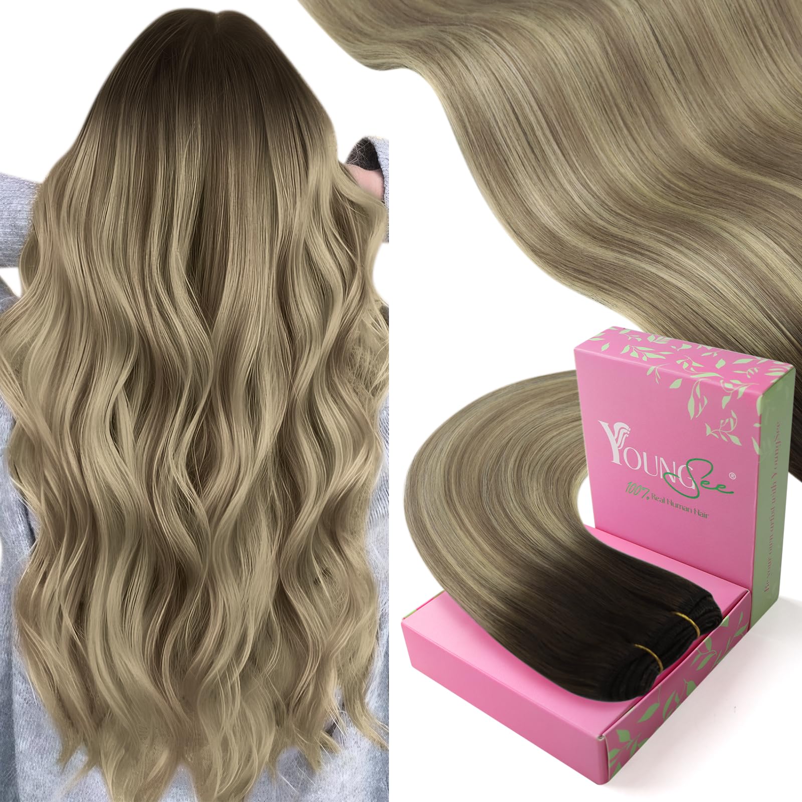 YoungSee Tressen Echthaar Braun Blond Echthaar Tressen zum Einnähen Dunkelbraun Balayage Blond 45cm Haartressen Extensions Weaving Hair Extensions Remy Haare Glatt für Damen 100g 3/8/22