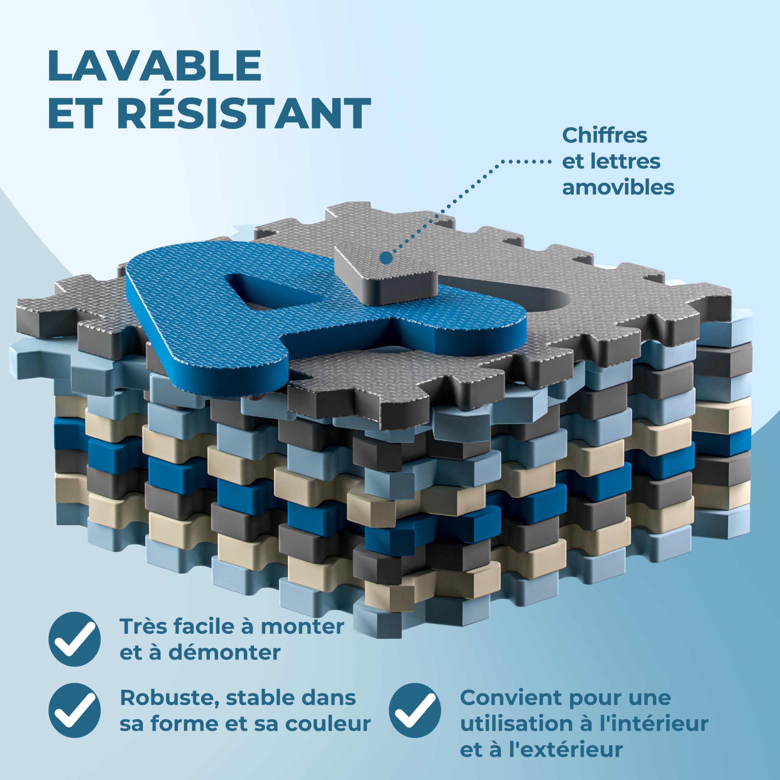 SPIELWERK Tapis Puzzle d'éveil et de Jeu Bleu - Dalles en Mousse XXL pour bébé ou Enfant Bas âge - Anti-dérapantes, avec Alphabet et Chiffres, 86 pièces, 36 Dalles de 30x30cm