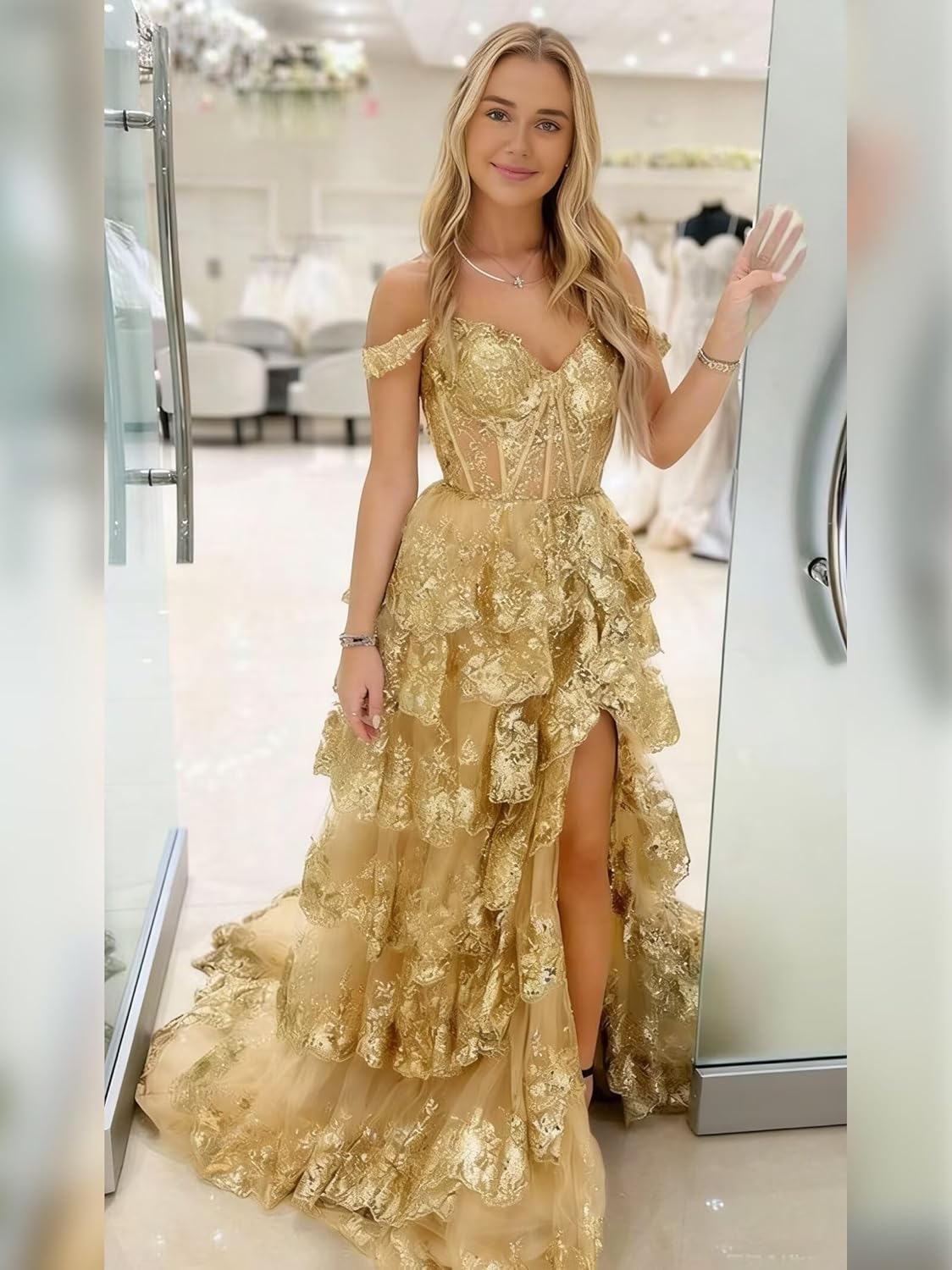 Sparkly Prom Dresses for Teens 2026 Tiered Lace Tulle Corset Off Shoulder Long Formal Evening Ball Gown