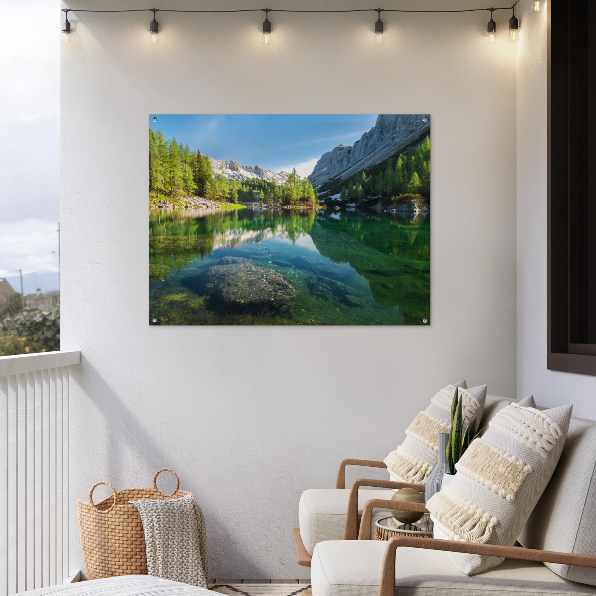 MuchoWow© Decoracion Jardin Exterior Decoración Pared Póster De Jardín | 120x90 cm - Balcón Wall Decoration Patio Posters Decorativos Terraza Agua - Montañas - Rocas