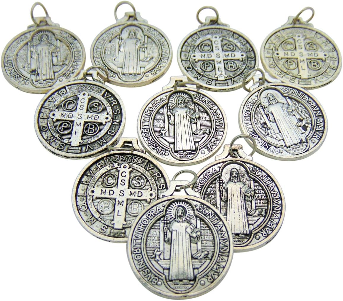 CB Set of 10 St Benedict Medals 7/8 Inch Metal Saint Pendant Bulk Lot