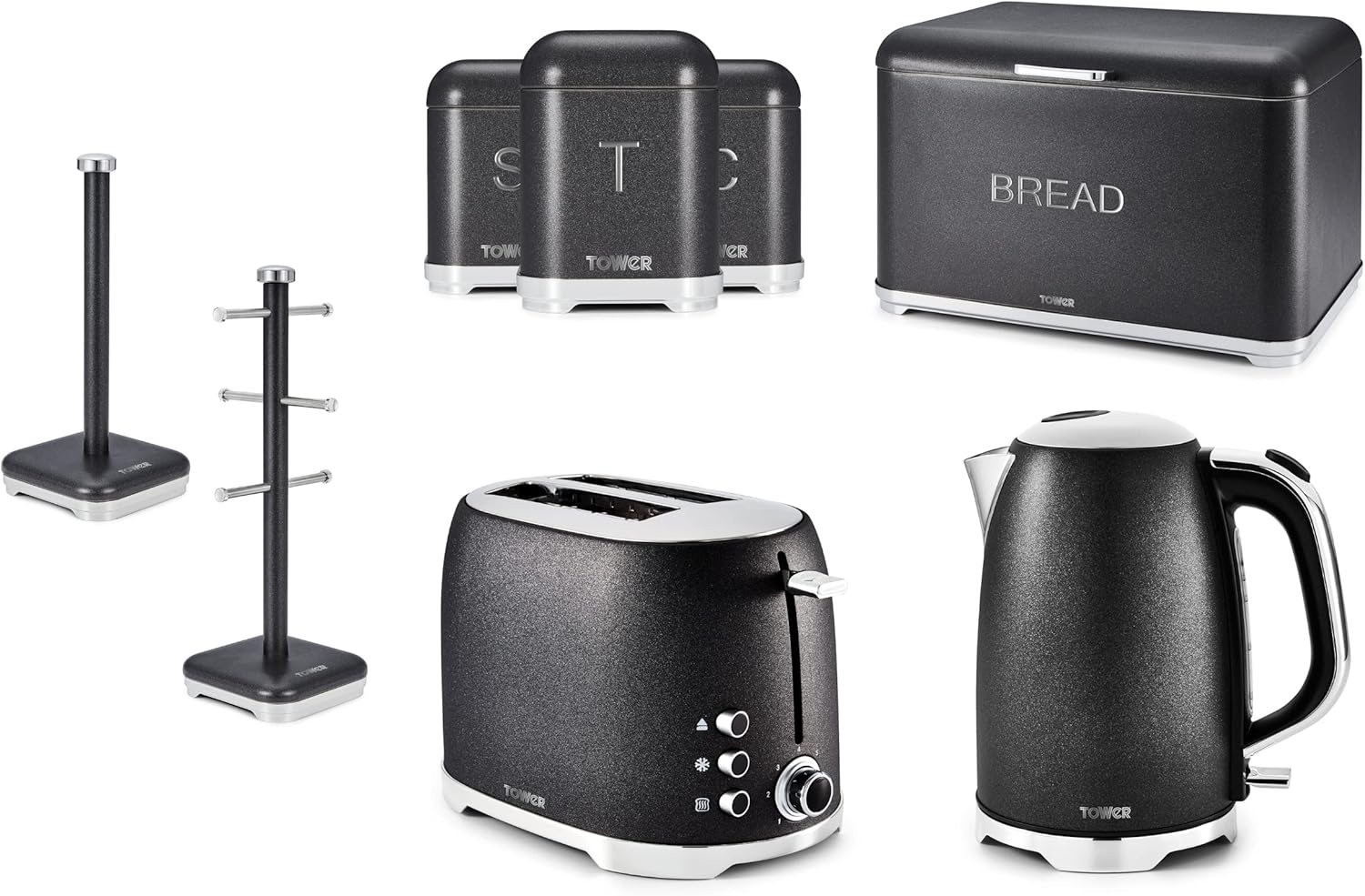 Tower Glitz Noir 3KW 1.7L Jug Kettle, 2 Slice Toaster, Bread Bin, Tea