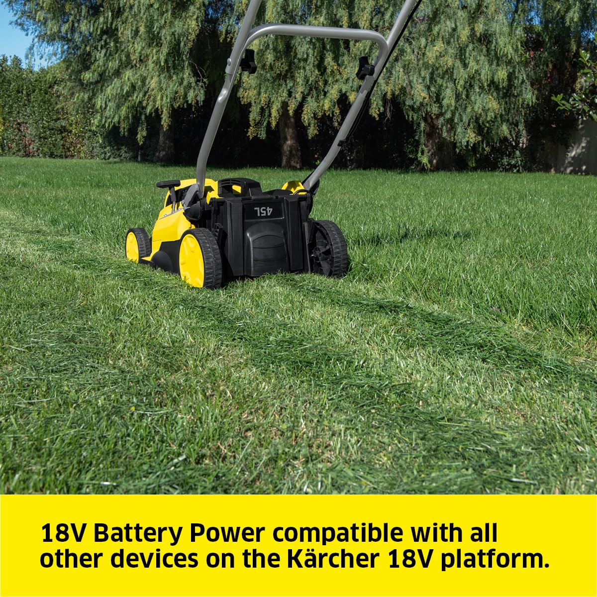 Kärcher LMO 18-36 Battery Akku-Rasenmäher (Akku: 18 V / 5,0 Ah, max. Flächenleistung: 250 qm, Schnittbreite: 33 cm, 4-fach höhenverstellbar, 35 Liter Fangkorb, Mulchkeil)