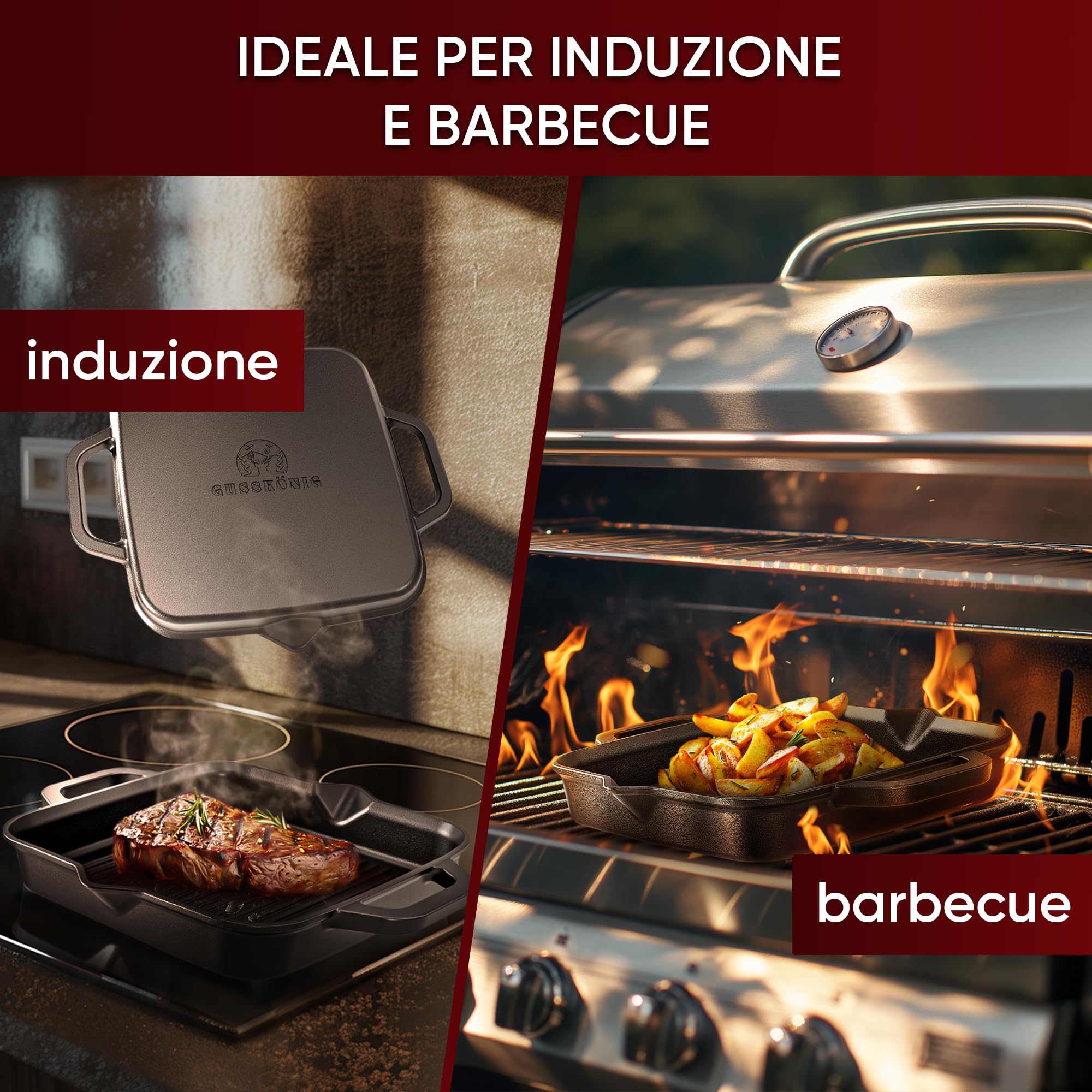 GUSSKÖNIG Bistecchiera in Ghisa 26 cm – Superficie Rigata per Grill – Prestagionata Naturale – Compatibile Induzione e Forno – Ideale per Carne, Verdure e Grigliate