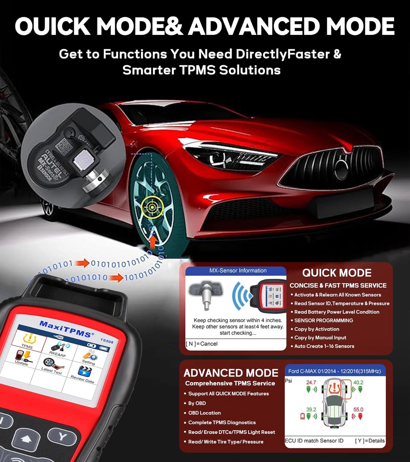 Autel MaxiTPMS TS508WF Upgrade of TS508K TS508 TS501Pro TS408S Program MX Sensor Read Clear DTCs TPMS Reset OBD Relearn Activate TPMS Programming Tool Free Lifetime Update