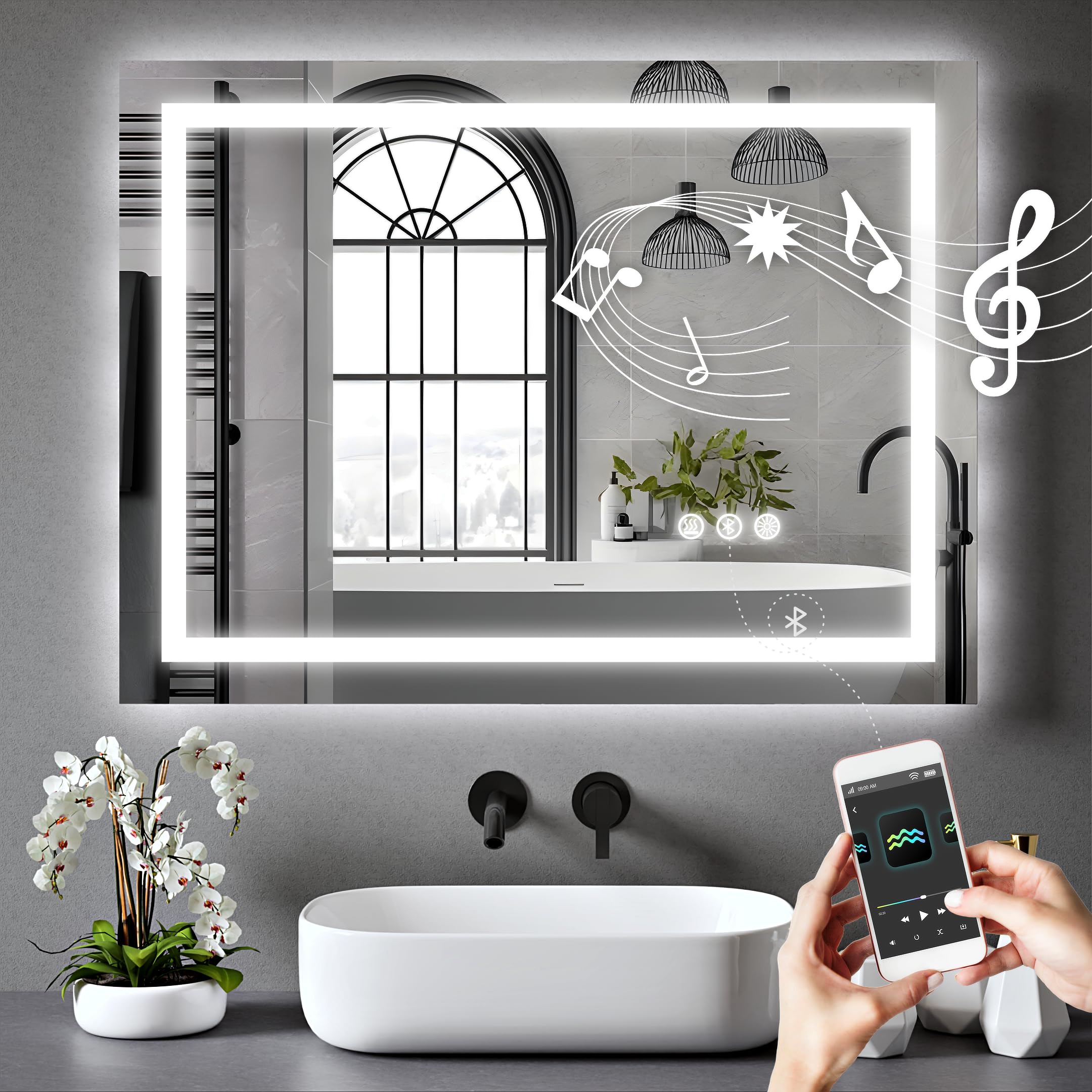 BELOFAY 500x700mm Bathroom LED Mirror with Bluetooth speaker, Illuminated Bathroom Mirror with LED Lights, Dimmable, Anti-fog, Shatter-Proof, Tempered Wall Mirrors with Demister Pad Maxon