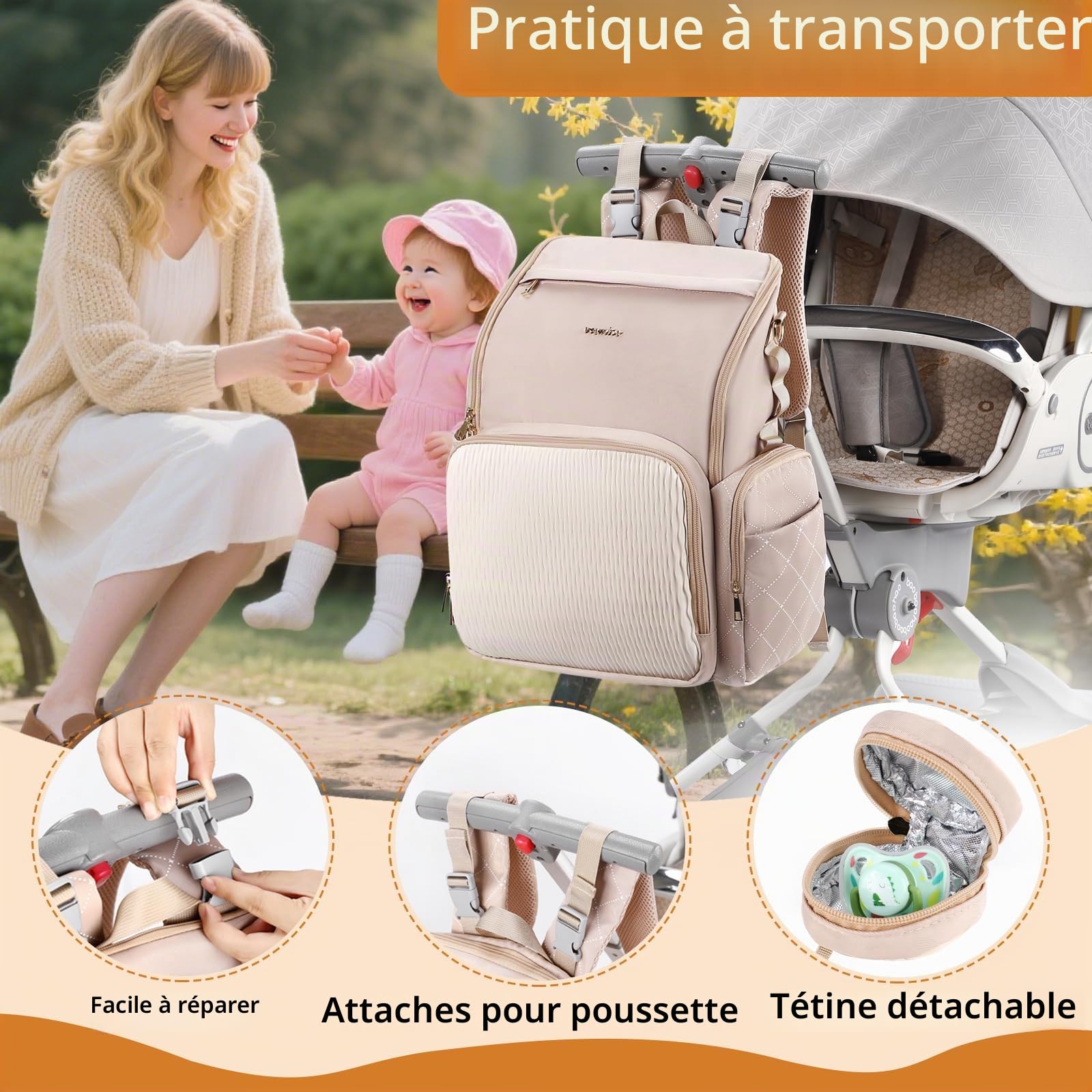 Élégant sac à langer pour bébé, sac pour bébé avec matelas à langer, étui pour tétine et sangles de poussette