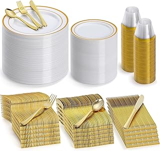 600 Pieces Gold Plastic Plates for 100 Guests, Plastic Plates for Party Wedding Birthday, Disposable Dinnerware Set of 100 Dinner Plates, 100 Salad Plates, 100 Spoons, 100 Forks, 100 Knives, 100 Cups