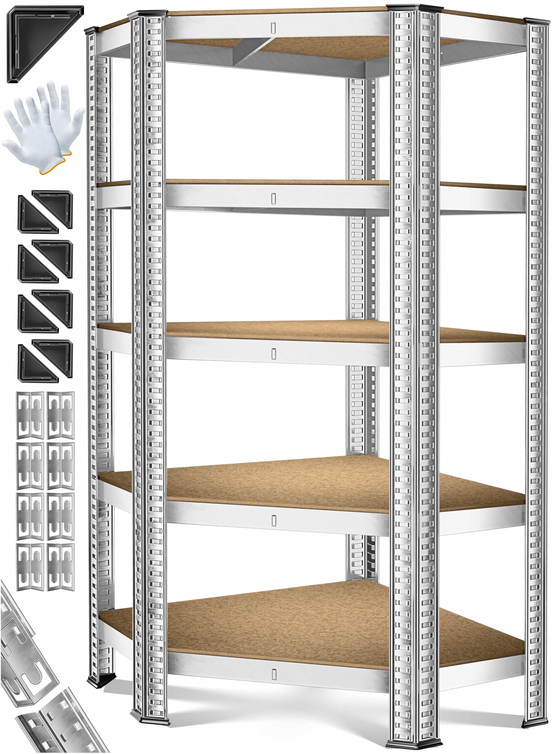 MASKO® Eckregal Lagerregal Schwerlastregal, Kellerregal, 180x75x40cm, bis 875 kg, 5 verstellbare Ablagen, MDF-Platten Regal aus Metall, Steckregal, Werkstattregal, Keller, Garage, + Handschuhe Silber