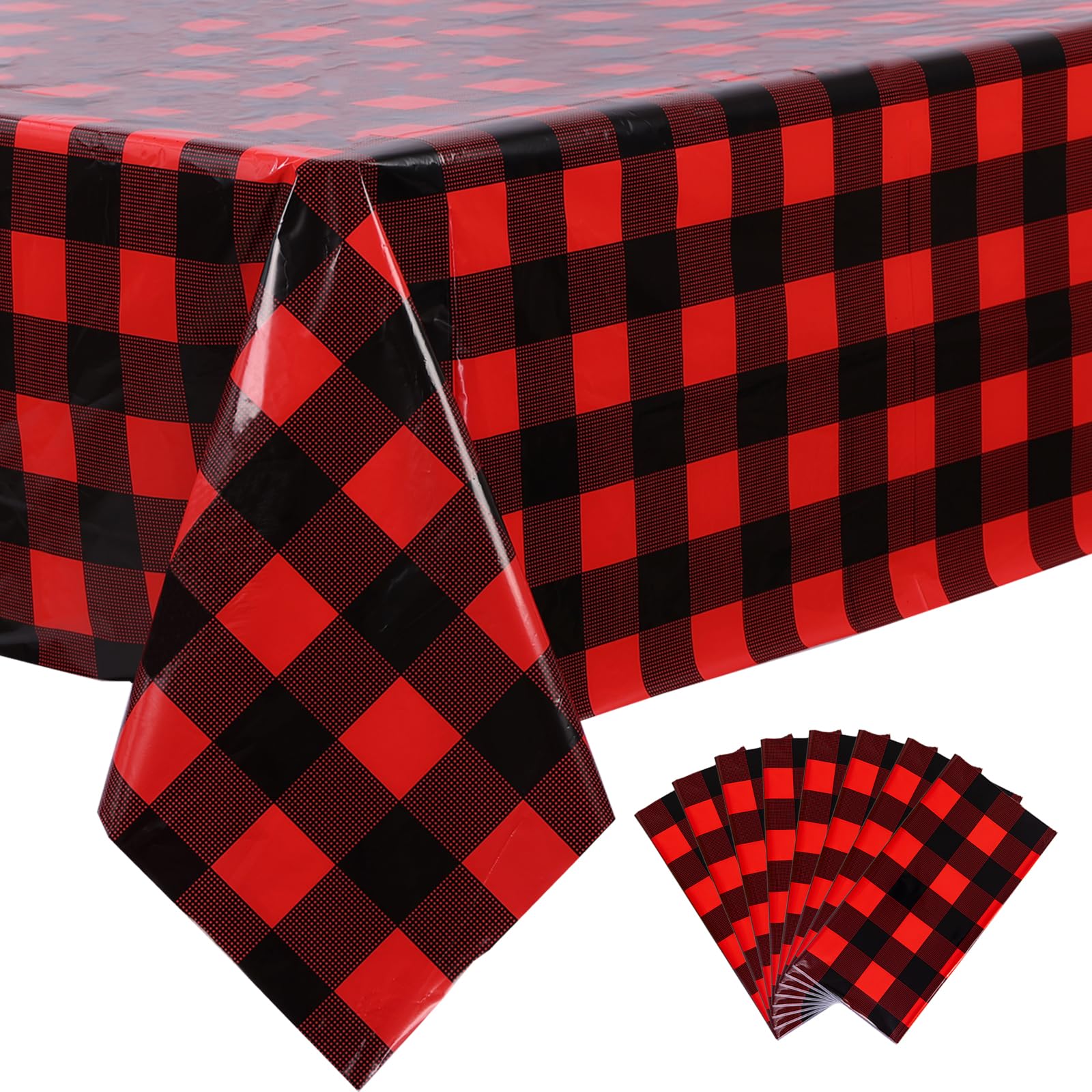 Kesfey 8 Packs Red and Black Merry Christmas Checkered Tablecloth 54 x 108 Inches Plastic Buffalo Check Plaid Table Cover Disposable Red Gingham Winter Christmas Picnic Table Cloth for Dinner Camping
