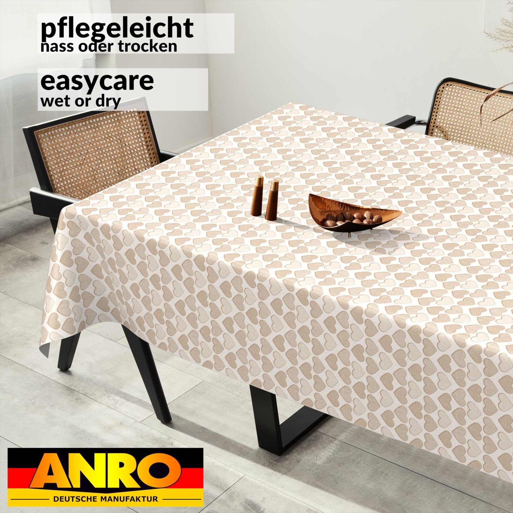 ANRO Oilcloth Tablecloth, Washable, Oilcloth, Garden Tablecloth, Outdoor, Indoor, 100 x 140 cm, Cut Edge, Heart, Beige - Image 4