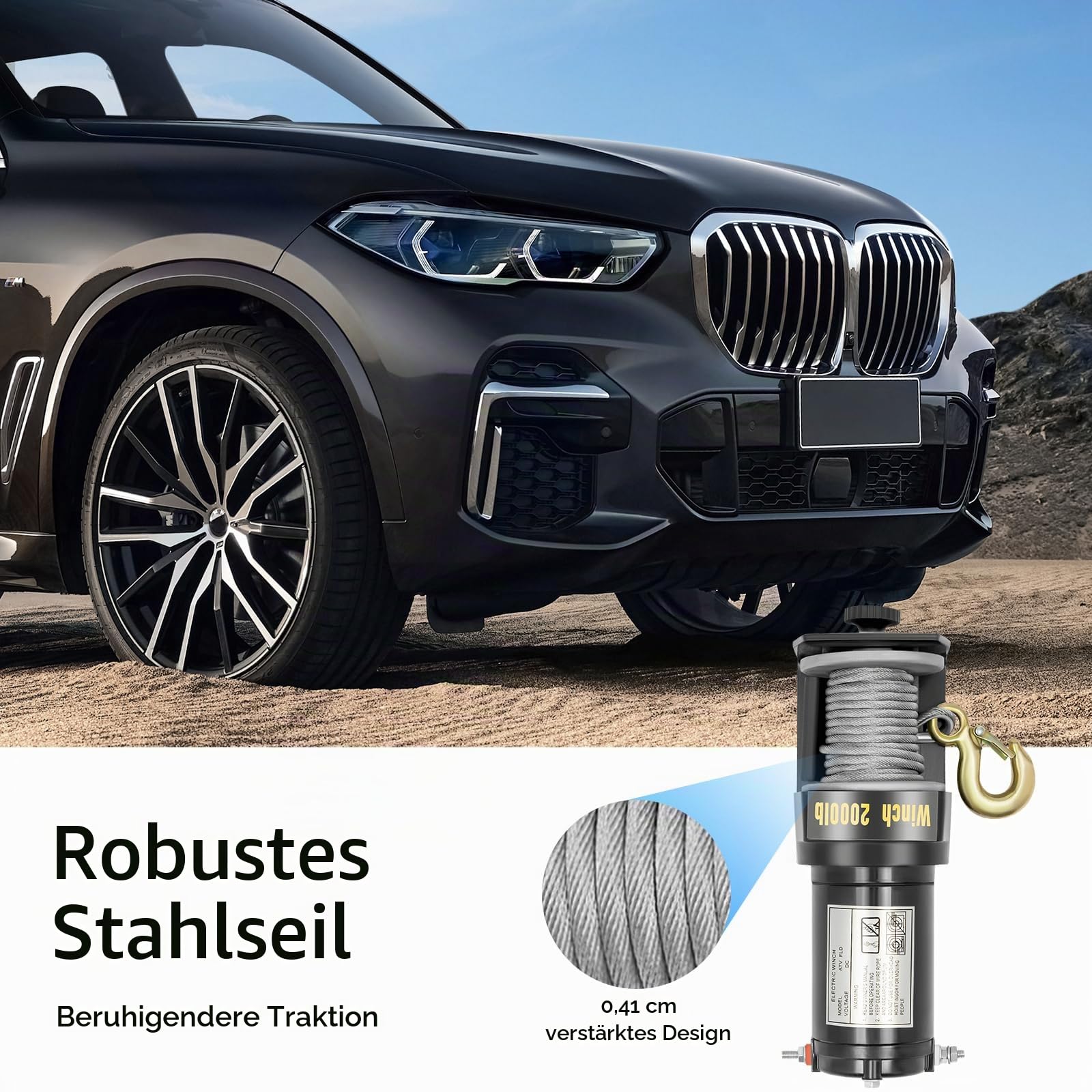 Elektrische Seilwinde 12V mit Funkfernbedienung – 900 kg Offroad Motorwinde Seilzug Elektrowinde, 6m Stahlseil