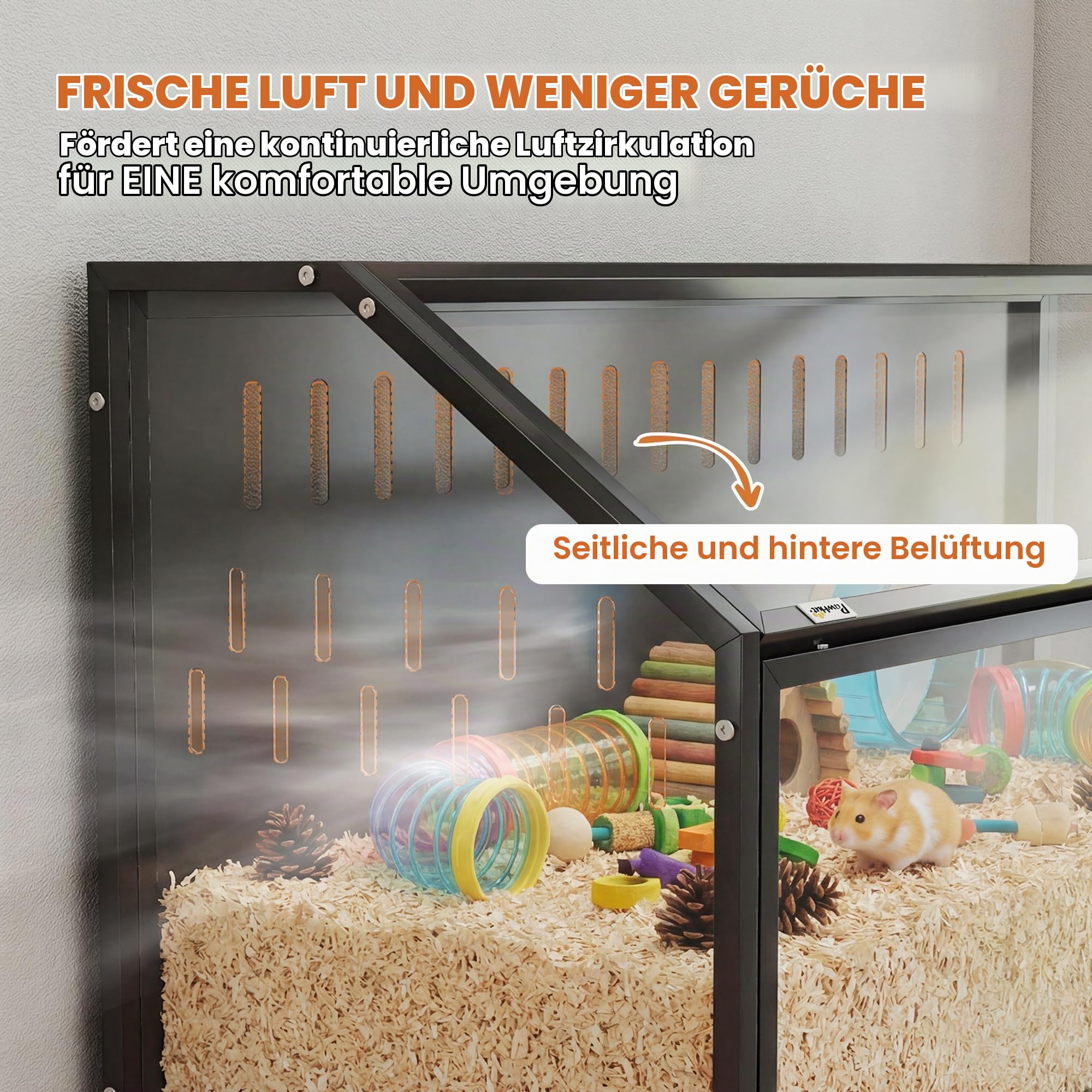 PawHut Hamsterkäfig 2-in-1 mit Aufbewahrungsschrank – Riesen-Lebensraum 104 cm für Nagetiere aus Stahl und transparentem Acryl – großer Käfig Design für syrische Hamster und Mäuse, schwarz