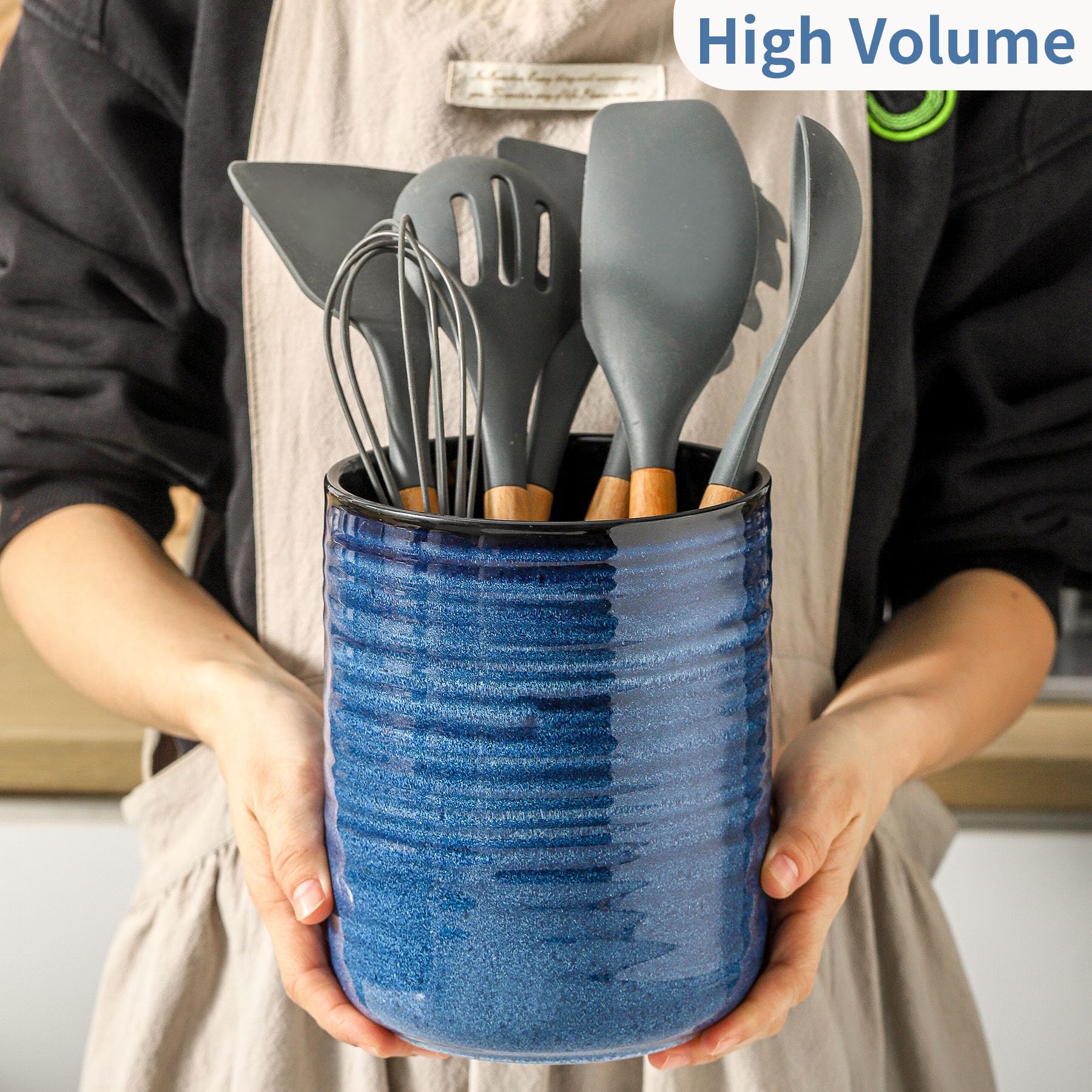 HASENSE Keramik-Küchenutensilienhalter, 18,8 x 15,7 cm, großer Utensilientopf, stabiler Kochutensilien-Organizer für Spatel, Löffel, Schneebesen und Werkzeuge, moderne blaue Küchendekoration