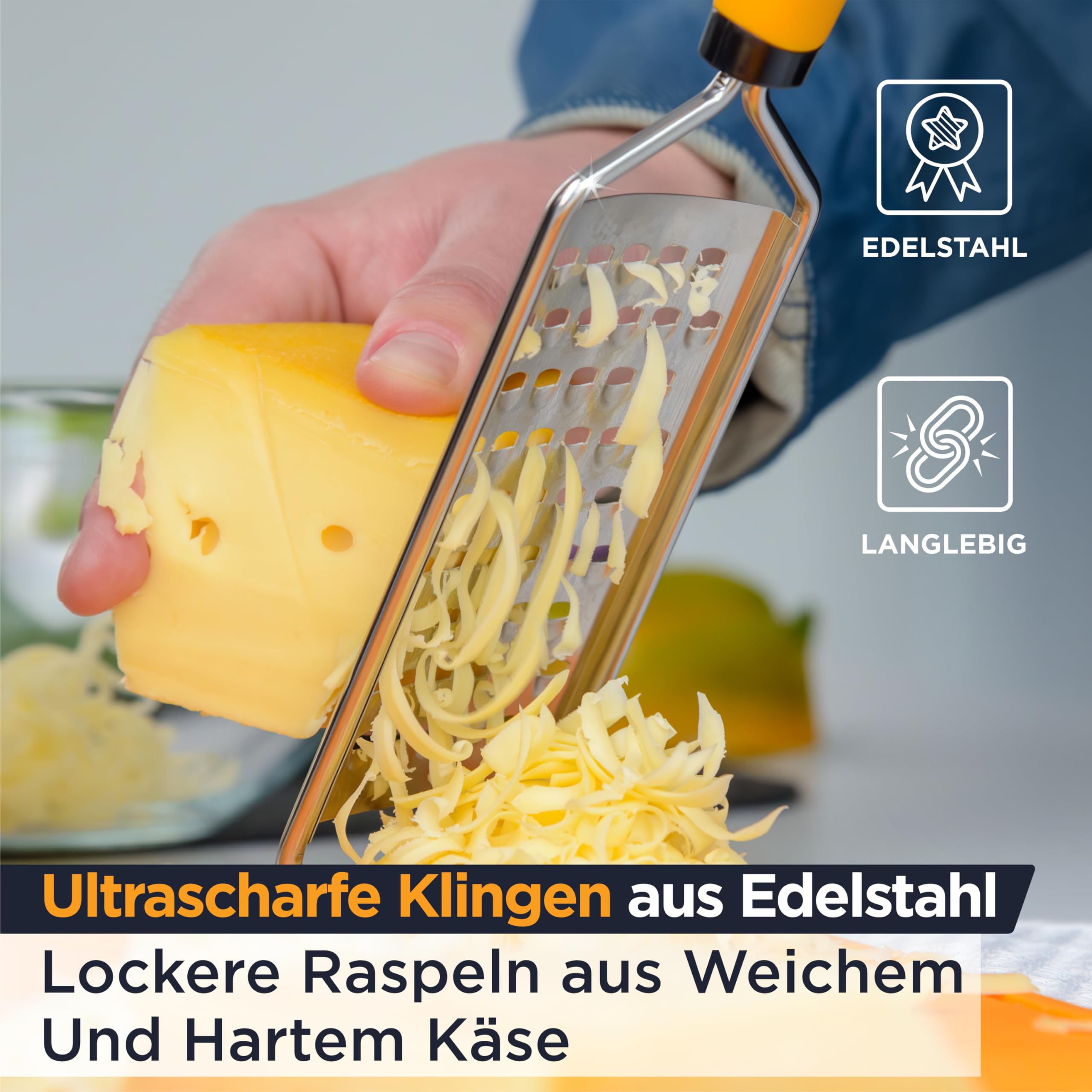 Deiss Pro grobe Reibe und Hand-Käsereibe – scharfe Edelstahlklingen, rutschfester Griff, kleine Käsereibe für Küche, Aktenvernichter, spülmaschinenfest