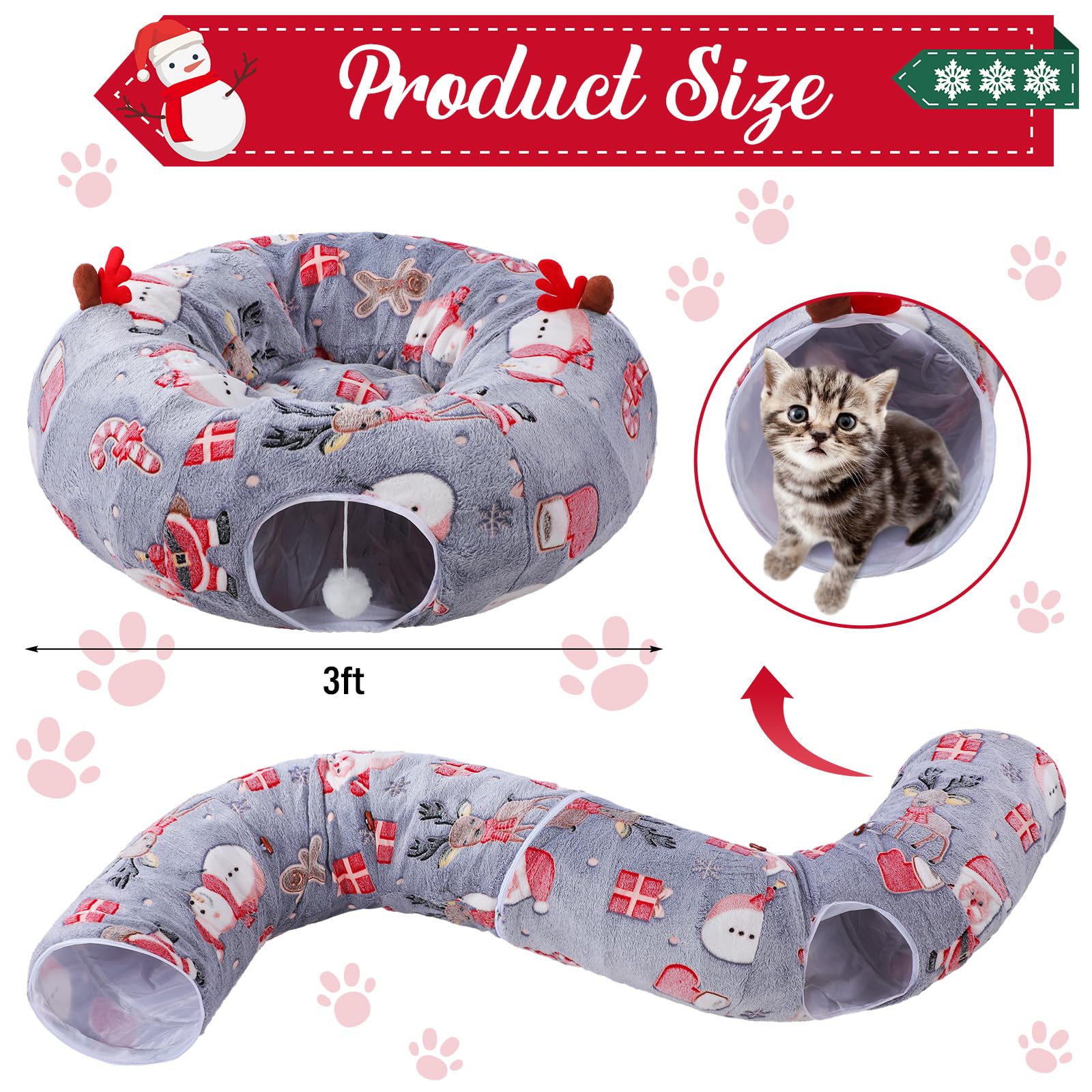 Cama tipo túnel de Navidad para gatos con 7 juguetes para gatos, cama tipo túnel de felpa cálida y esponjosa con cojín lavable y bolas colgantes, 3 pies, multifuncional para gatos pequeños, medianos y
