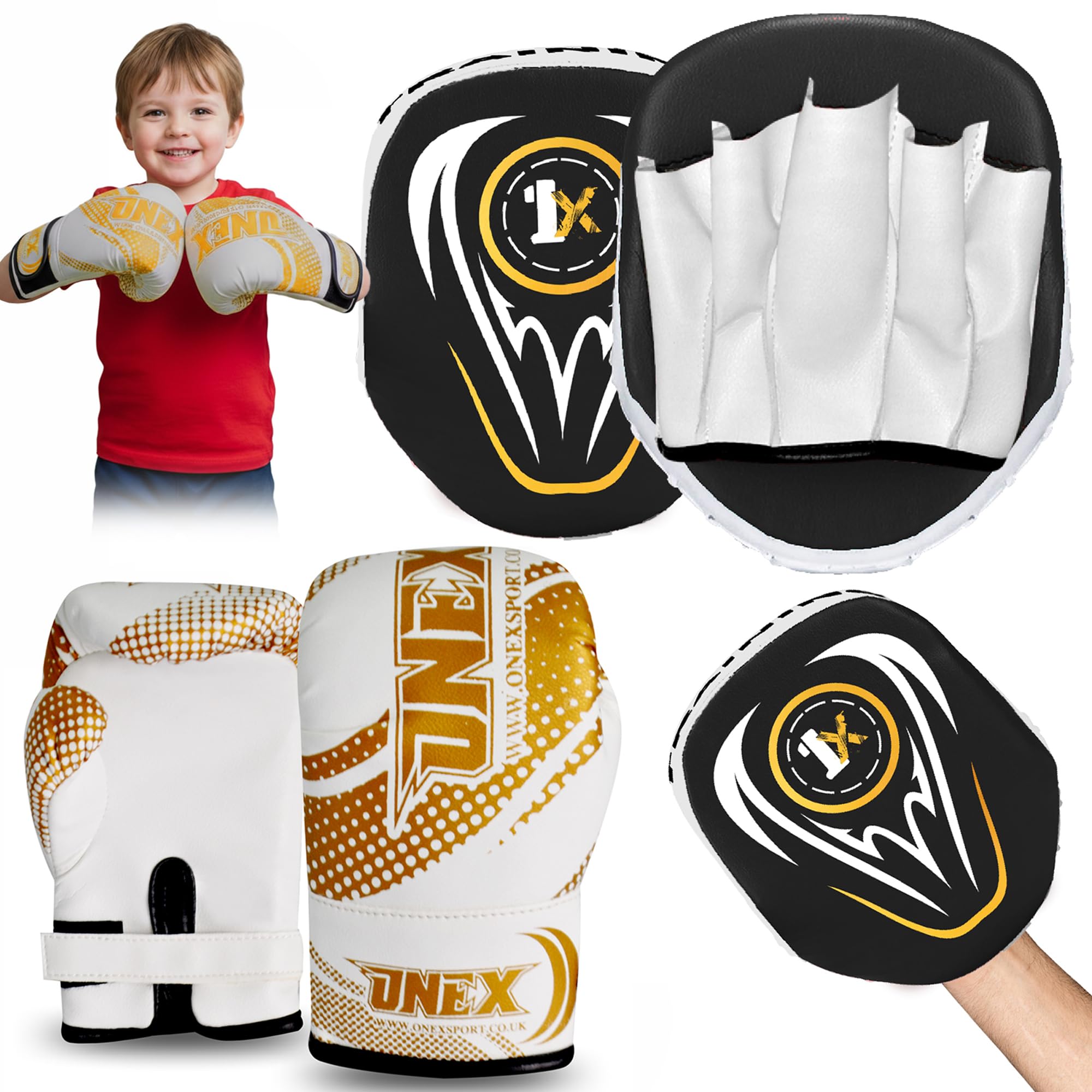 Boxing Gloves & Focus Pads Set 2oz Kids Boxing Gloves & Hook and Jab Pads for Training, Kickboxing, Muay Thai, Punch Bag, Sparring, MMA, Martial Arts, Taekwondo, Home & Gym Workout Equipment (GOLD)