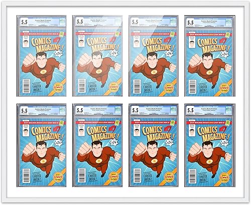 Poster Palooza Marco de cómic con paspartú para 8 CGC, CBCS o PGX Graded Comics - Marco de cómic blanco para cómics de 8.125 x 13 pulgadas