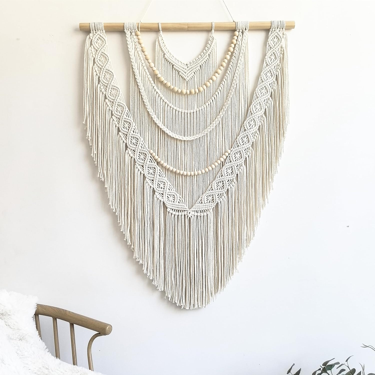 Large Macrame Wall Hanging, 27'' W x 36'' L Boho Art Tapestry Wall Decor for Urban entryway,Living Room,Bedroom Decor, headboard Woven, Big Fiber Art Over Couch (Wood Bead)