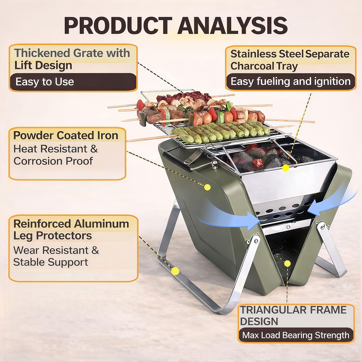 HKFALDRR Portable Folding Charcoal Grill with Adjustable Rack, Stainless Steel Mini BBQ, Lightweight for Camping, Hiking, Outdoor Cooking, Tabletop Picnics