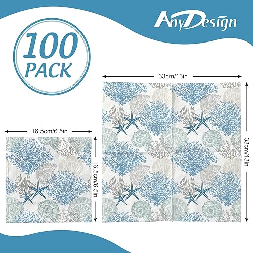 Miniatura 2 de AnyDesign 100 servilletas desechables de papel oceánico, con diseño de estrella de mar, concha, coral, 6.5 x 6.5 pulgadas, temática del mar, postre
