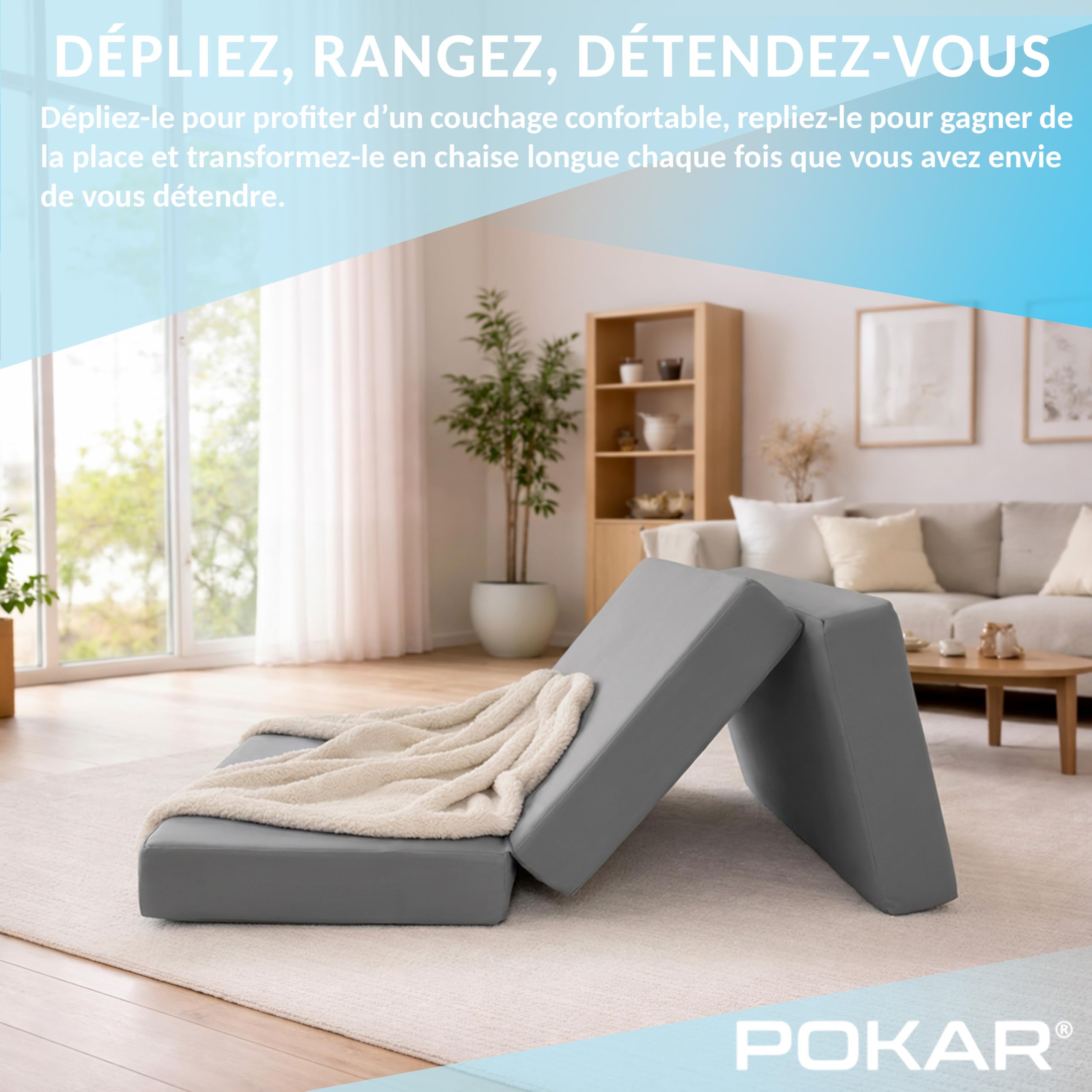POKAR Matelas Pliable 80x195x15 cm | Matelas Pliant en 3 Parties | Matelas d'Appoint pour Invités et Camping | Matelas en Mousse Extra Épais, Housse Amovible | Oeko-TEX | Fabriqué en UE | Gris