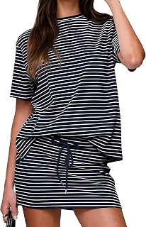 Women's 2 Piece Striped Mini Skirt and Top Set Short Sleeve T Shirt Matching Skort Sets Casual Summer Outfits