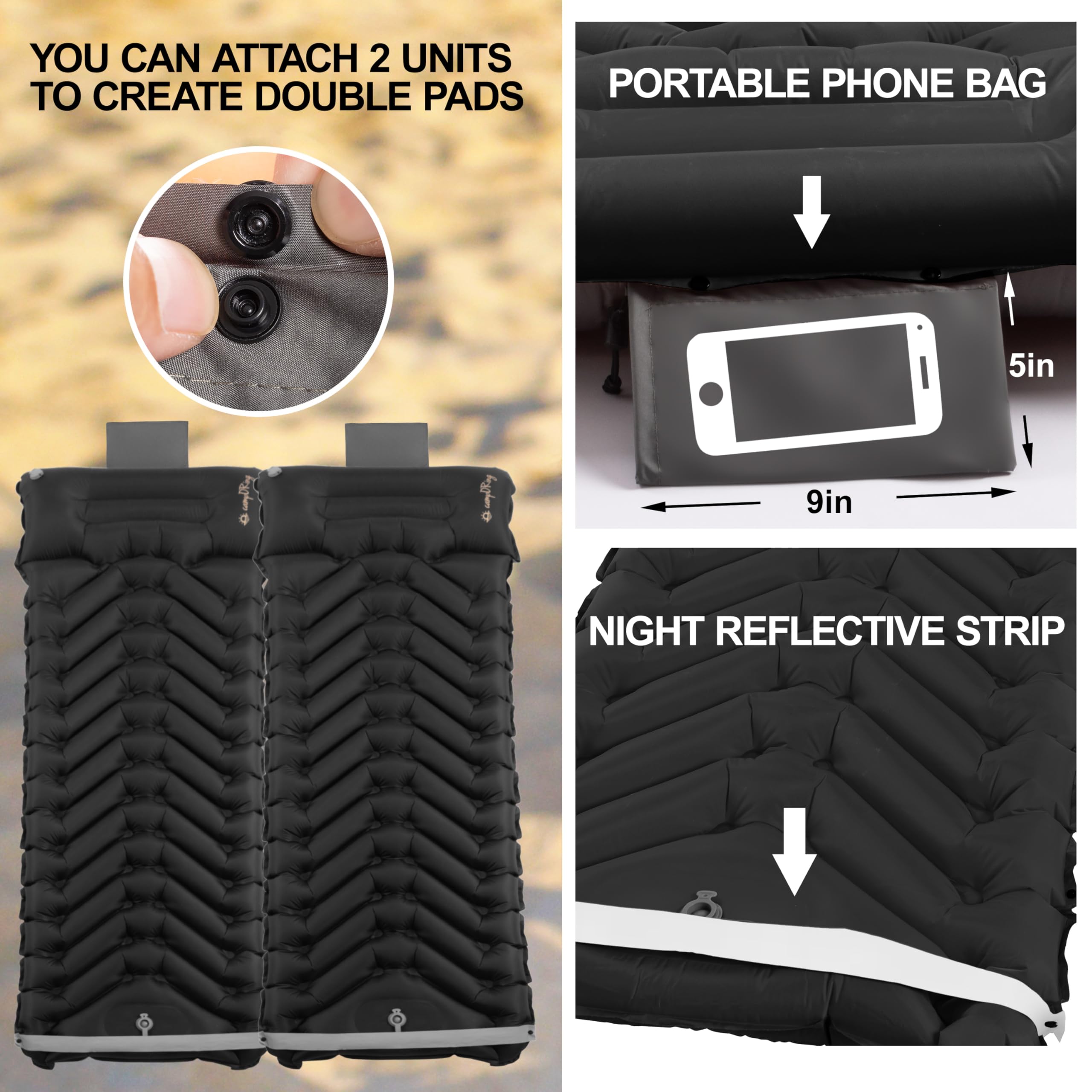 Sleeping Pad with Pillow, Self Inflating Extra-Thick, Ultralight Sleeping Mat, Built-in Pump, Ultimate for Camping, Hiking, Traveling, Airpad, Carry Bag, Compact & Lightweight Air Mattress (Black)