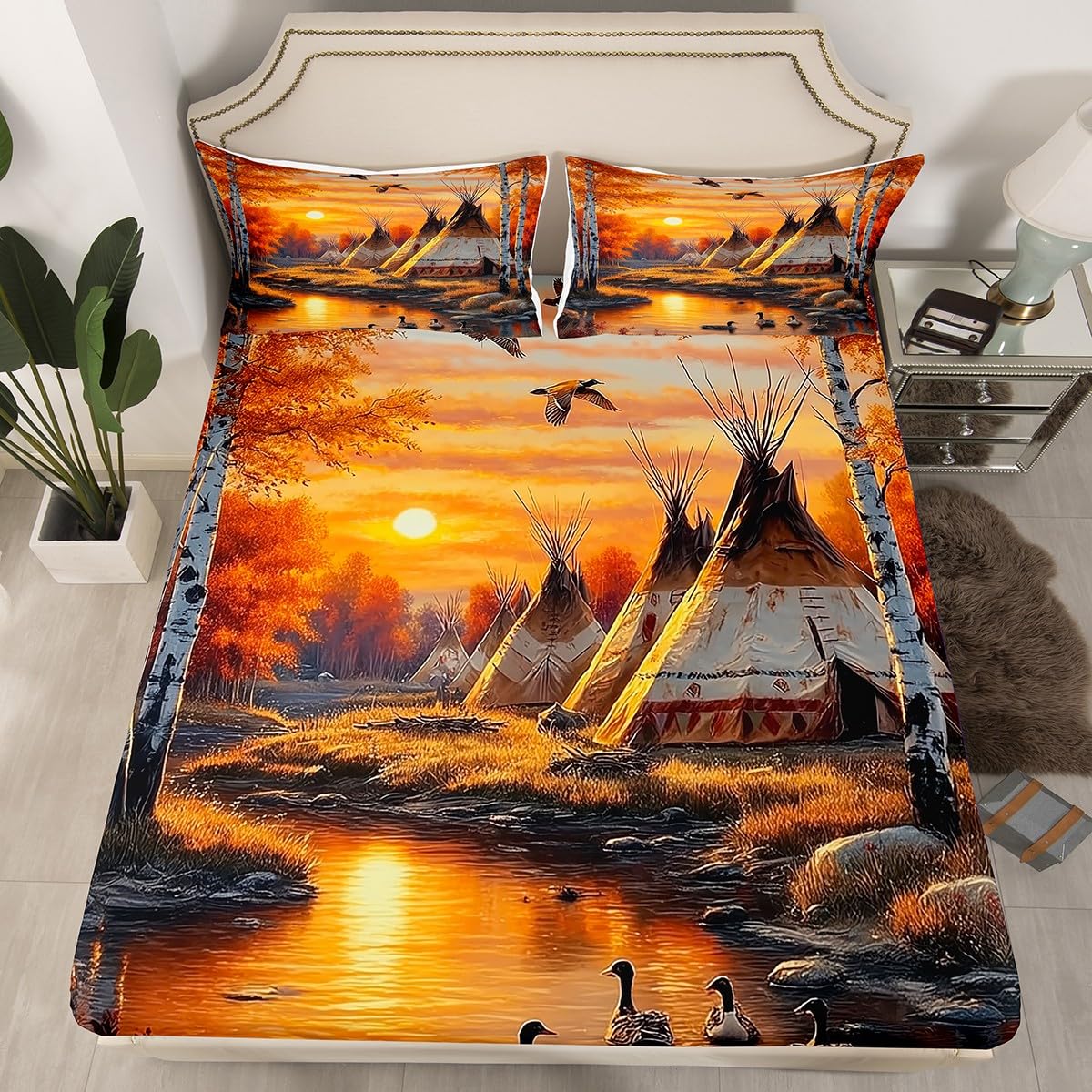 Homewish Mallard Duck - Juego de ropa de cama doble | Sábanas rústicas de casa de cabaña para niños y adultos, juego de sábanas de caza y pesca, sábanas bajeras de pato salvaje del bosque, 4 piezas