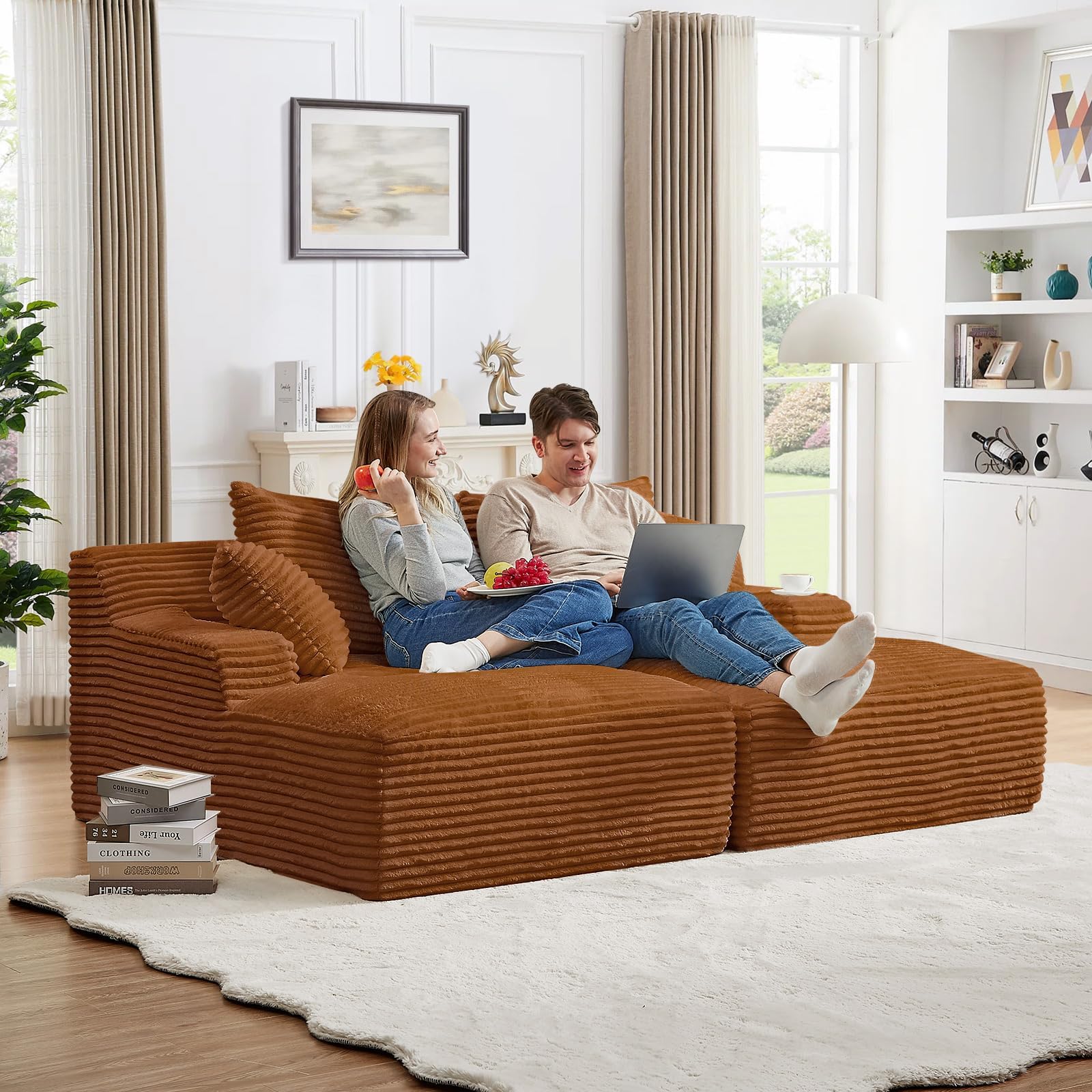 Oversized Chaise Lounge Chair Indoor,78.7" W Upholstered Corduroy Cloud Sofa Boneless Couch,Modern Deep Seat Comfy Sofa Chair,Loveseat Sleeper Couch Bed for Livingroom,Bedroom,No Assembly(Orange)