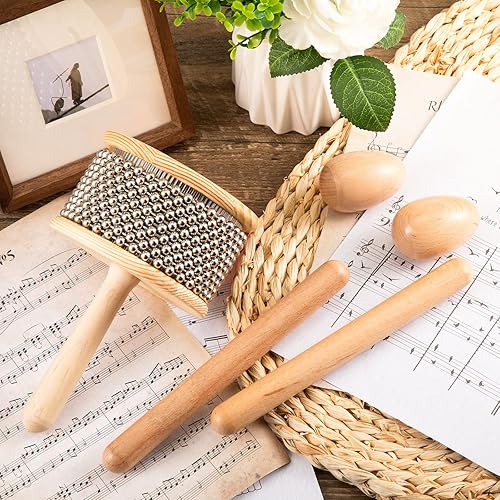 Miniatura 4 de 5 piezas de instrumentos de música Cabasa para regalos de baby shower, juego de instrumentos de percusión de mano de madera con panes de acero