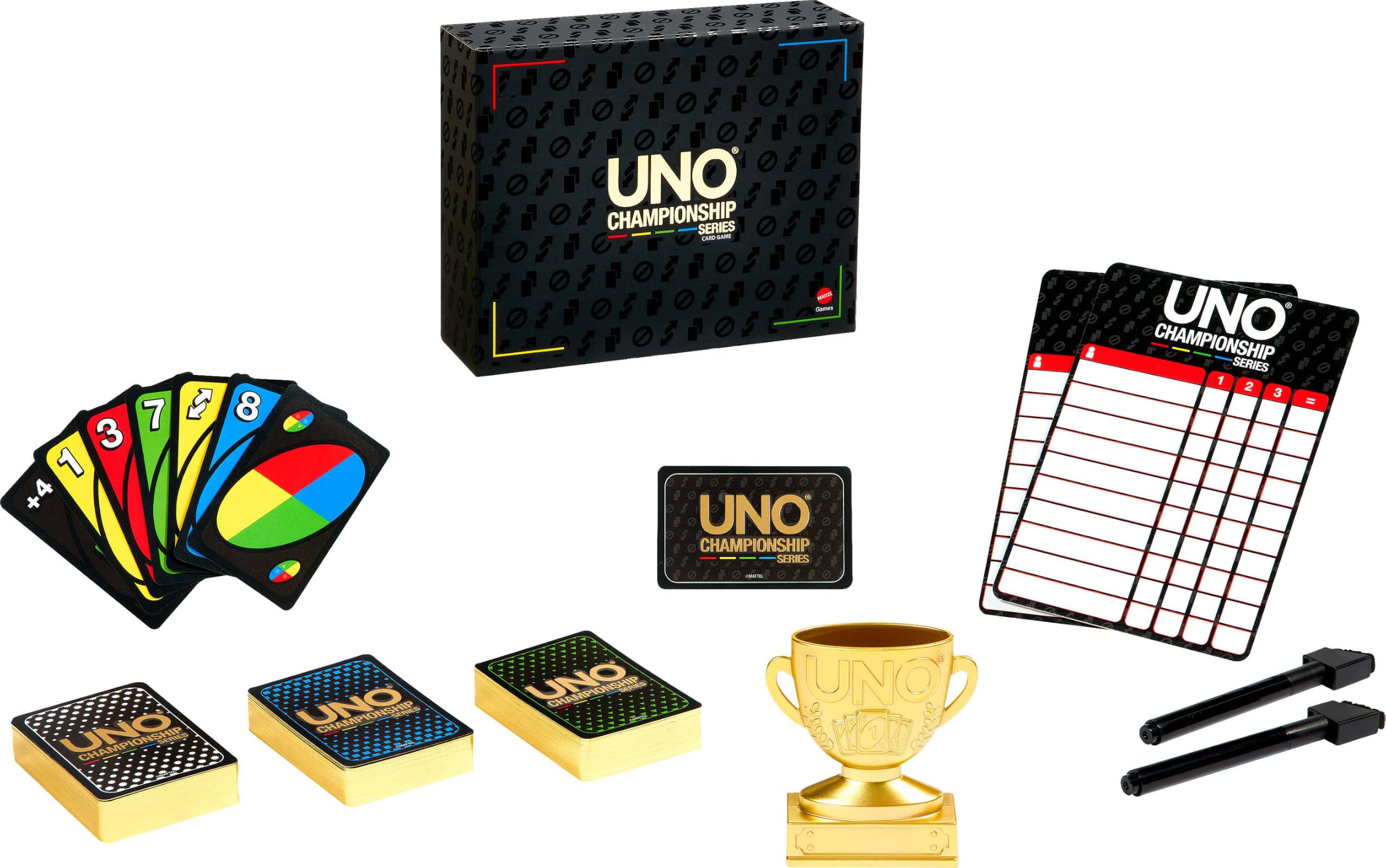 Mattel Games UNO Série Championnat Coffret Tournoi Étendu, 7 ans et plus | Tableaux, marqueurs et trophée pour groupes de 6 à 30, fêtes, réunions, soirées jeux, JNL27