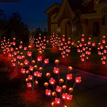 Solar Garden Path Lights for Fall Decorations,4PACK 80LED RED Maple Leaf Pumpkin Tree with Thanksgiving Party Gifts Decor,Maple Pumpkin Decor for Home,Thanksgiving Day Outdoor/Indoor Use