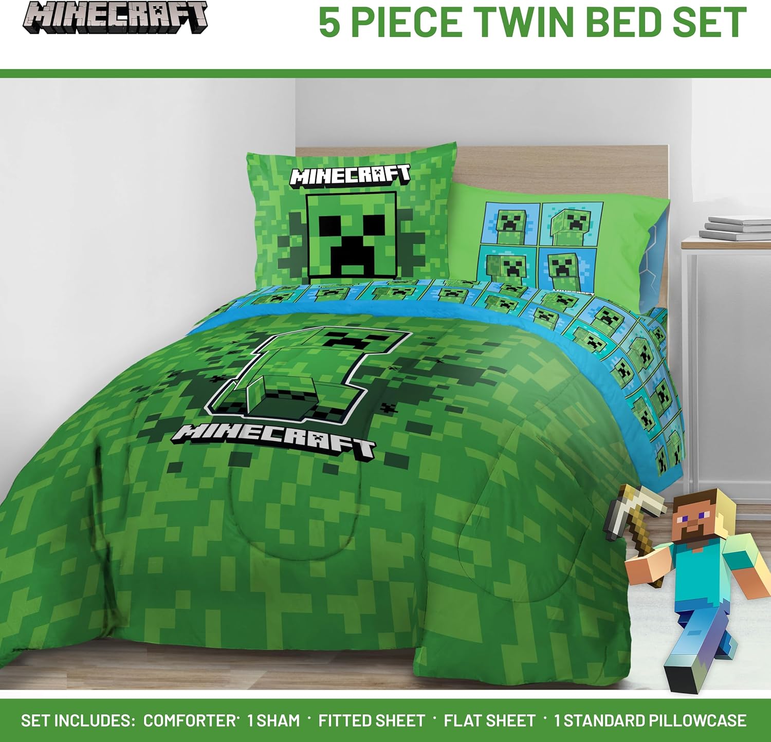 Jay Franco Kids Comforter Set Includes Sheets and Pillow Covers - Soft and Cozy Bed Set for Stylish Room Decor, Green - Minecraft Creeper, 5 Piece Twin Size Bedding