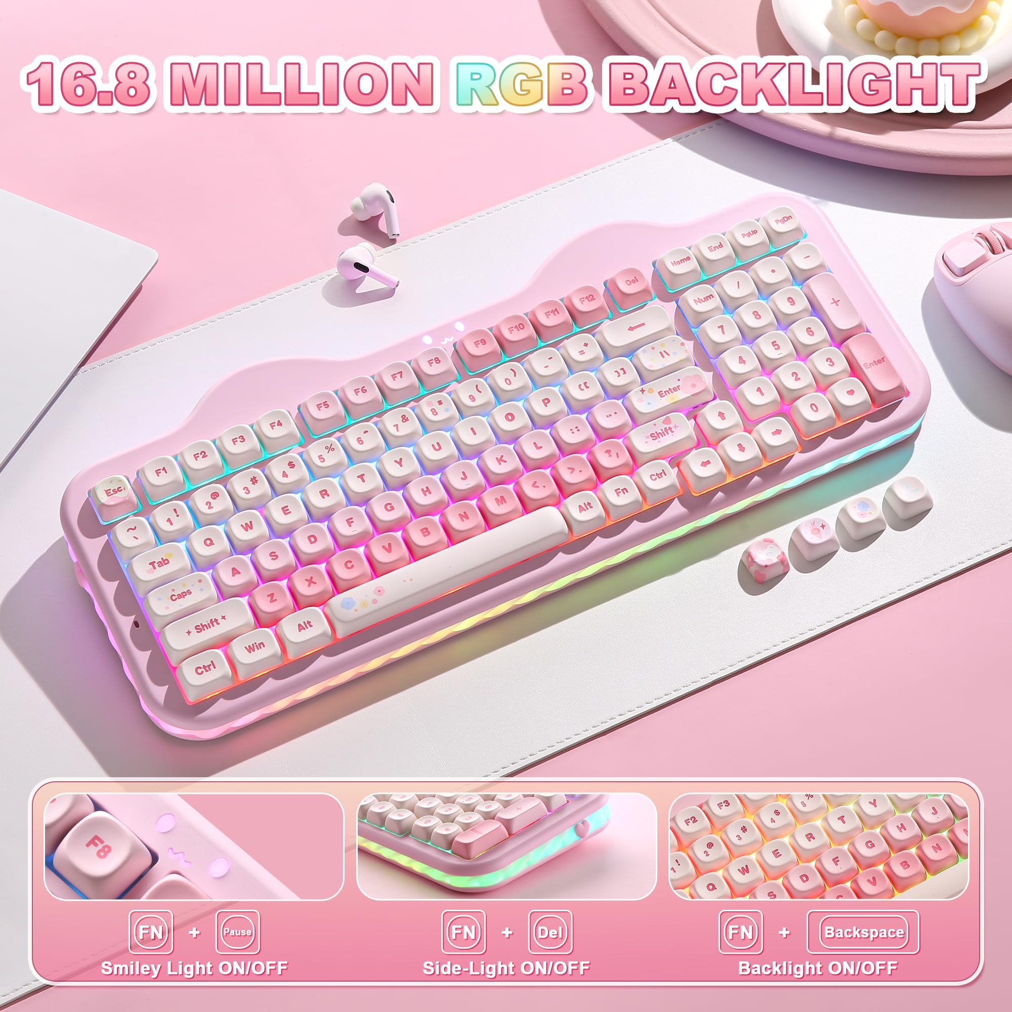 YUNZII C98 Tastiera Meccanica Gaming Wireless con Tastierino Numerico, 98 tasti PBT a profilo MOA, Bluetooth/2.4G/USB-C, Hot-Swap, Gasket, RGB, Design Dolce per Win/Mac (Rosa, Candy Switch)