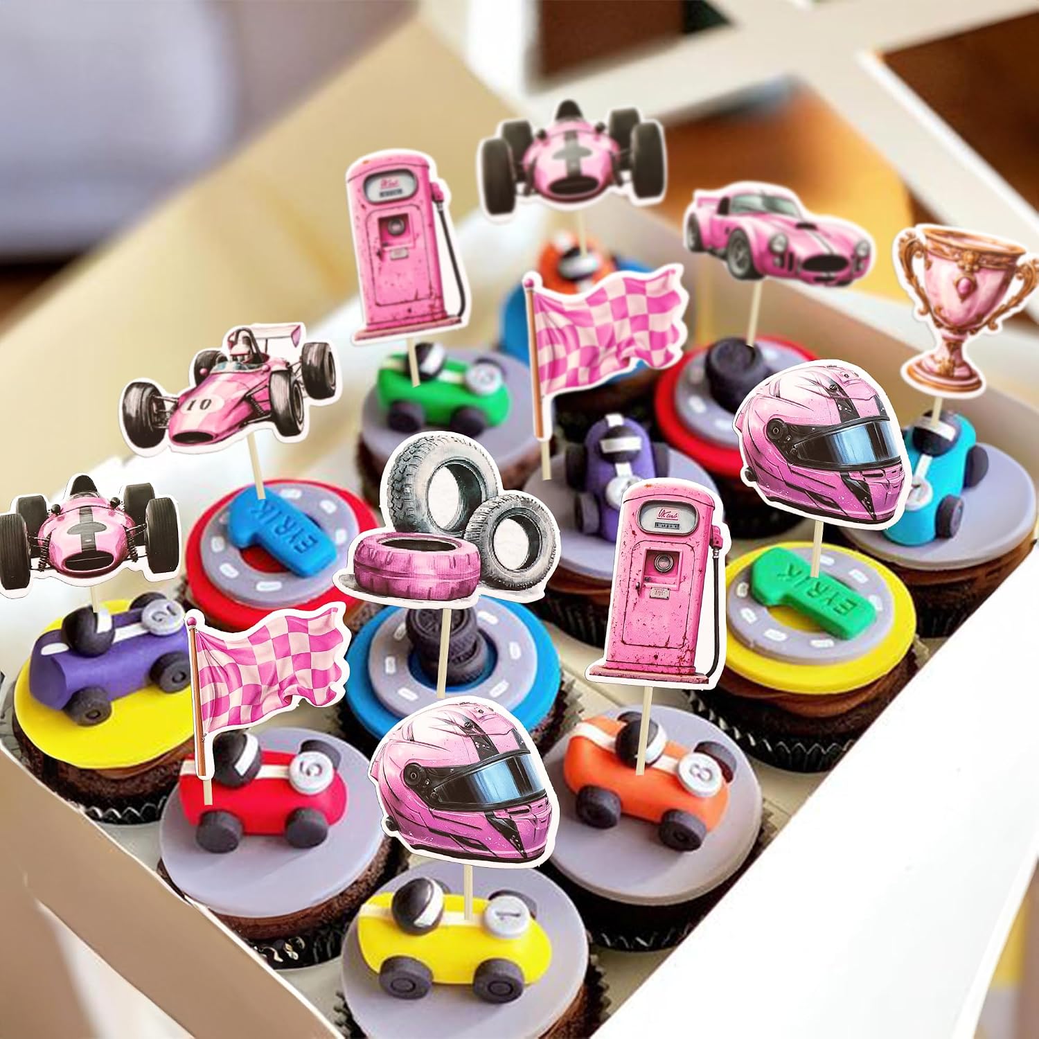 Gyufise 36Pcs Race Car Cupcake Toppers Racing Car Party Cake Decorations for Race Car theme Baby Shower Birthday Party Decoration Supplies Pink