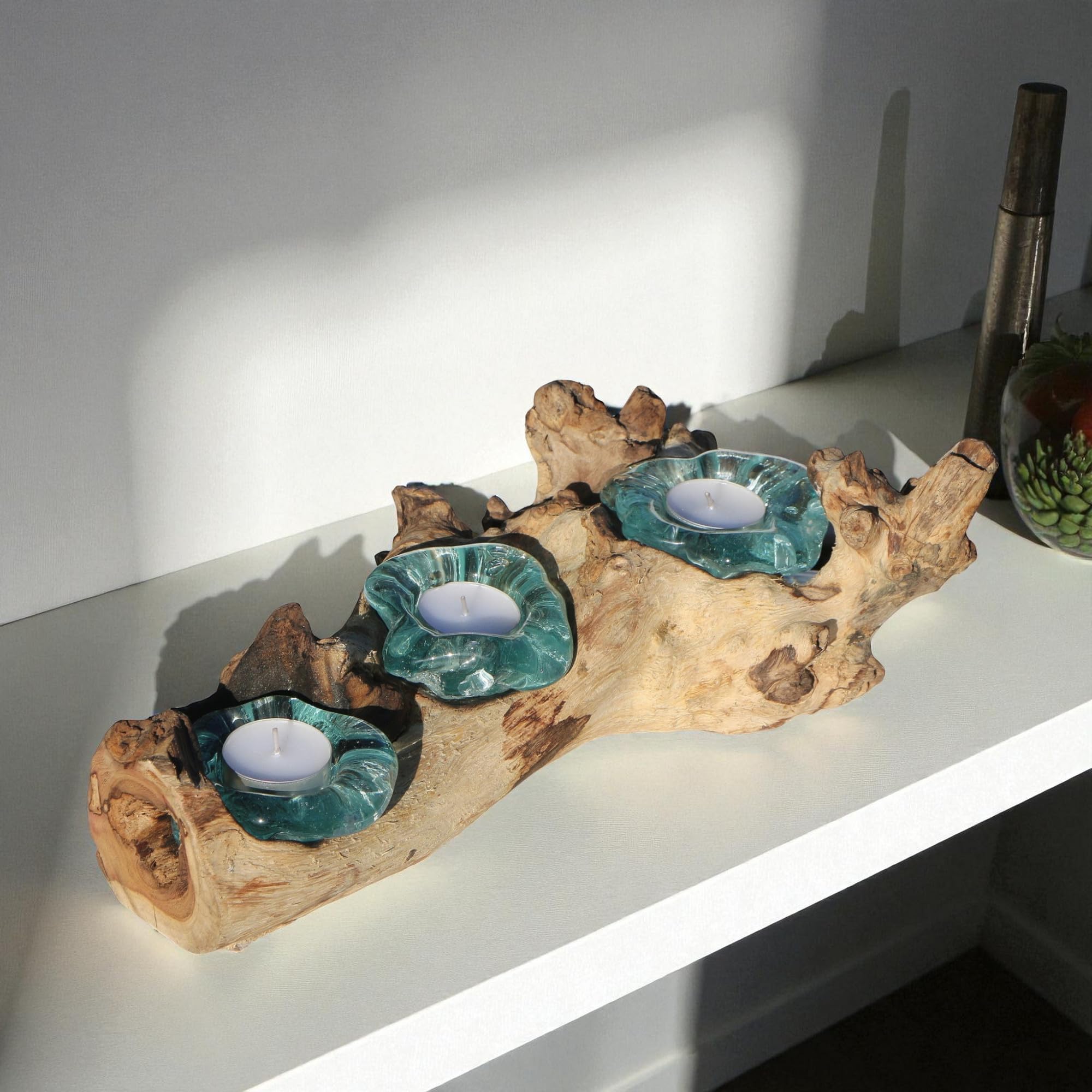 3er Teelichthalter - Handarbeit aus Wurzel Holz als Geschenkidee zur Deko Glas Teelicht 3 L