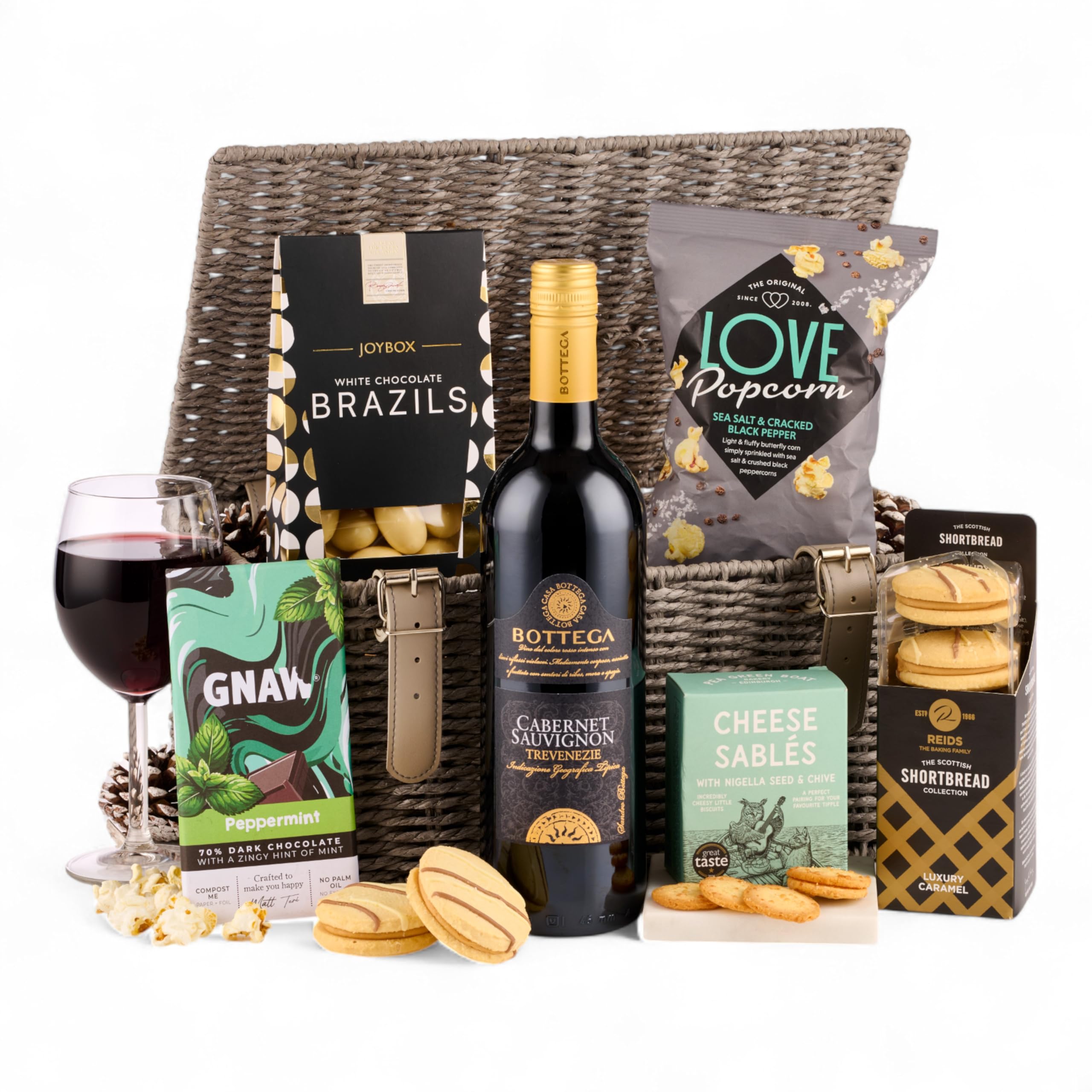 Thornton & France Decadent Delights Hamper with Bottega Cabernet Sauvignon | Luxury Food & Wine Gift Basket with Chocolate, Popcorn & Savoury Treats | Red Wine Gift Set For Christmas
