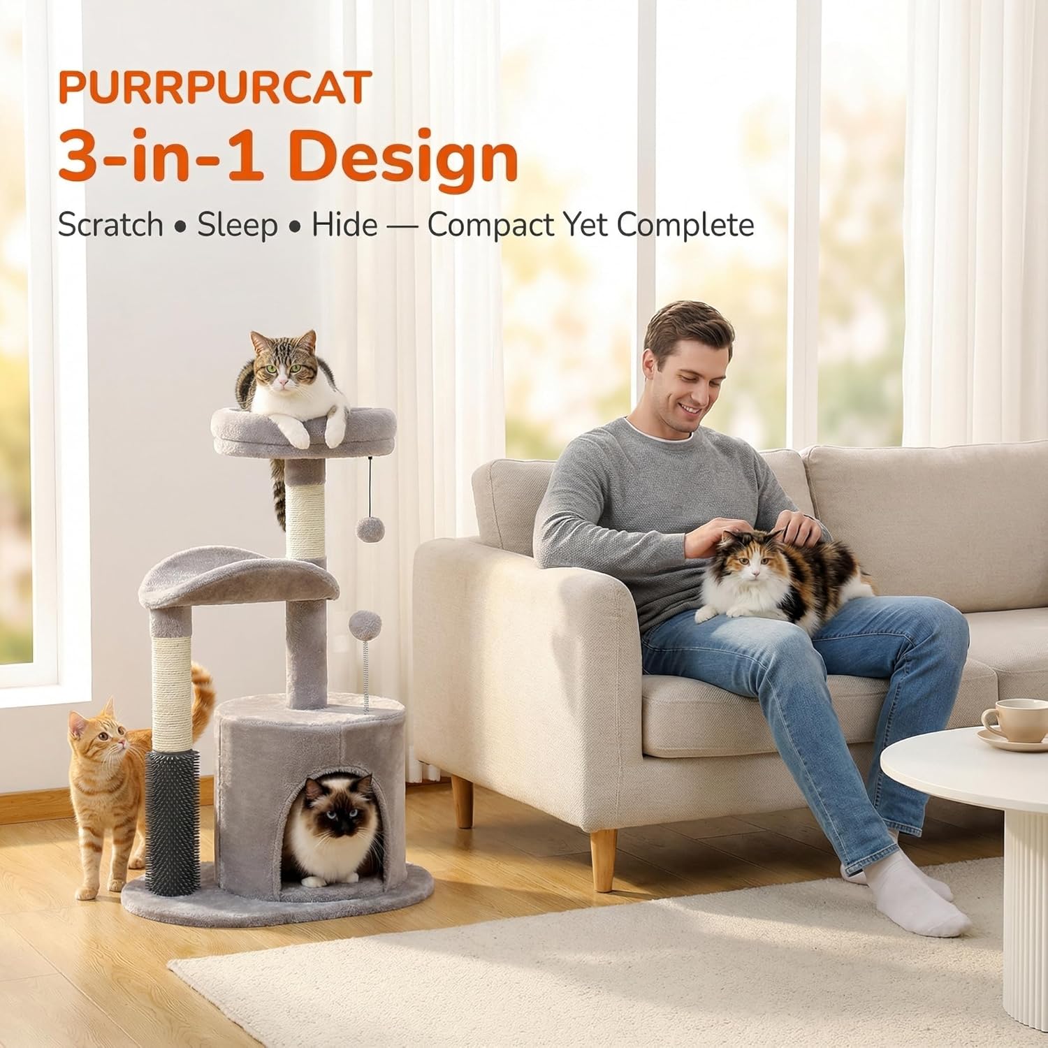 32" 7 Small Cat Tree for Kittens & Senior Cats, Removable Plush Perch, Cozy Condo, Sisal Scratching Post, Compact Cat Tower for Small Spaces w/Cat Toy