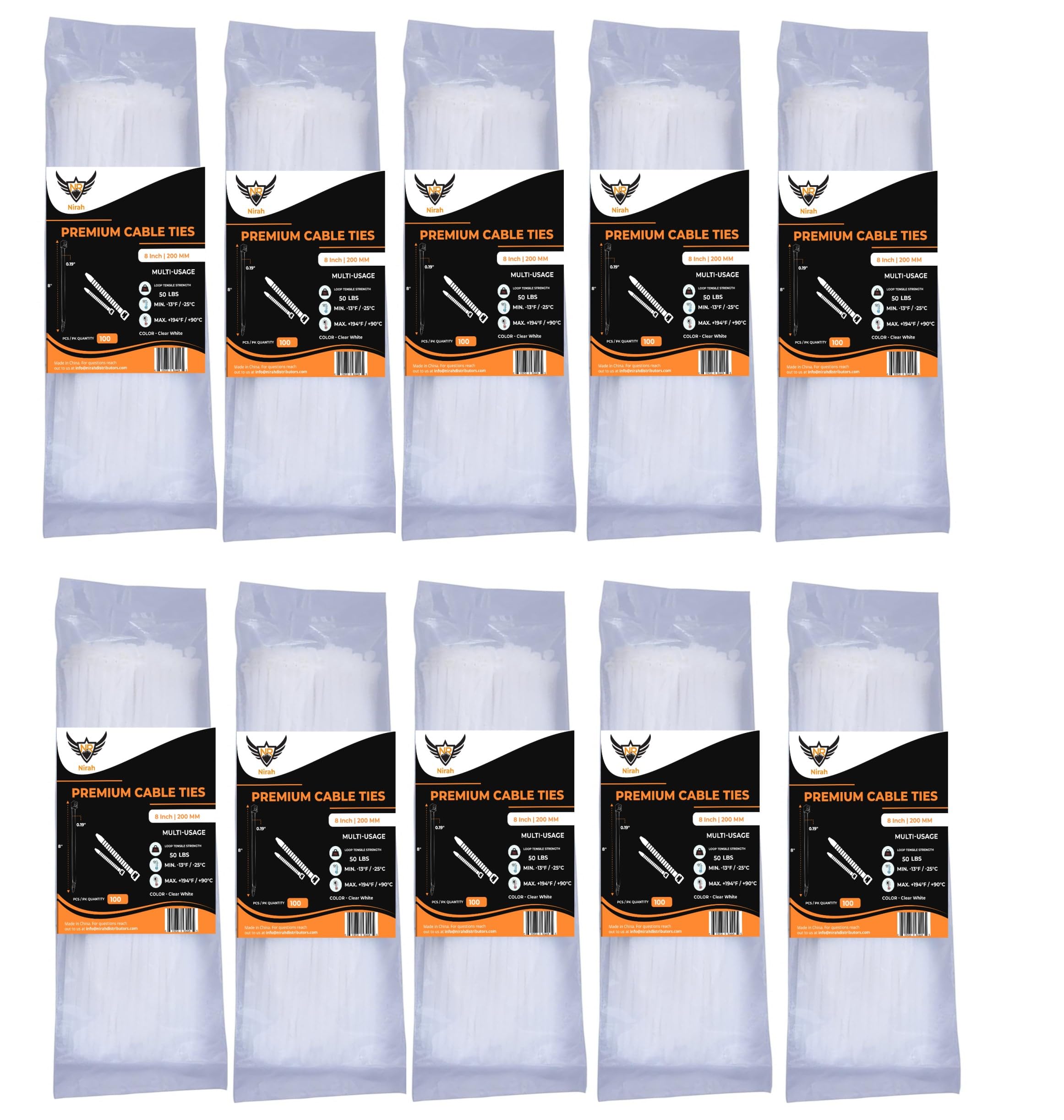 Nirah White Cable Zip Ties 8 inch 1000 Pack 50 lbs Tensile Strength. Our Premium Plastic Clear Cable Tie Wraps are loved by DIYers & Professionals for Wire Management, Outdoors & Indoors Use