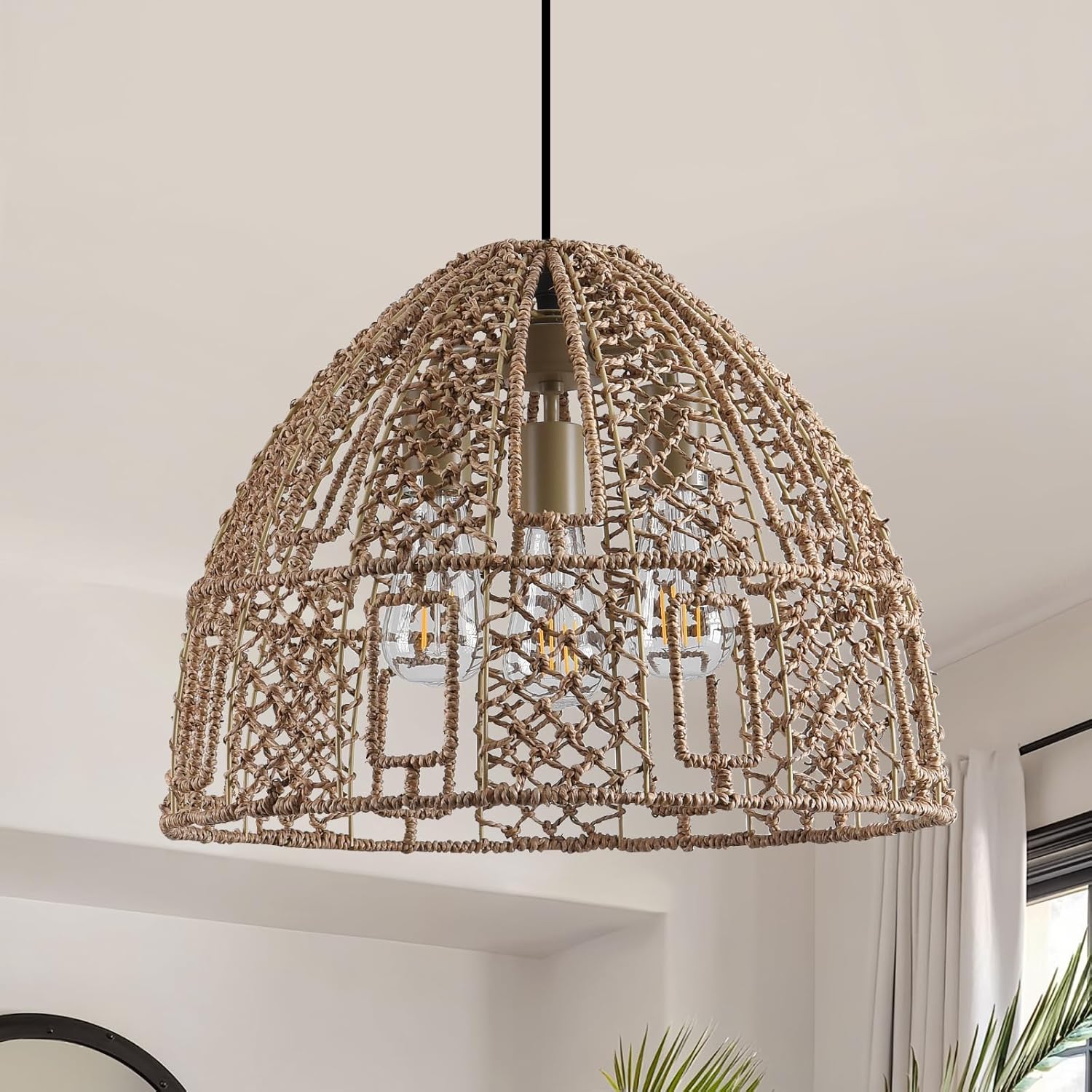 17.71" Rattan Pendant Light,Boho Hand Woven Wicker Hanging Light Seagrass Rattan Chandelier for Dining Living Bedroom